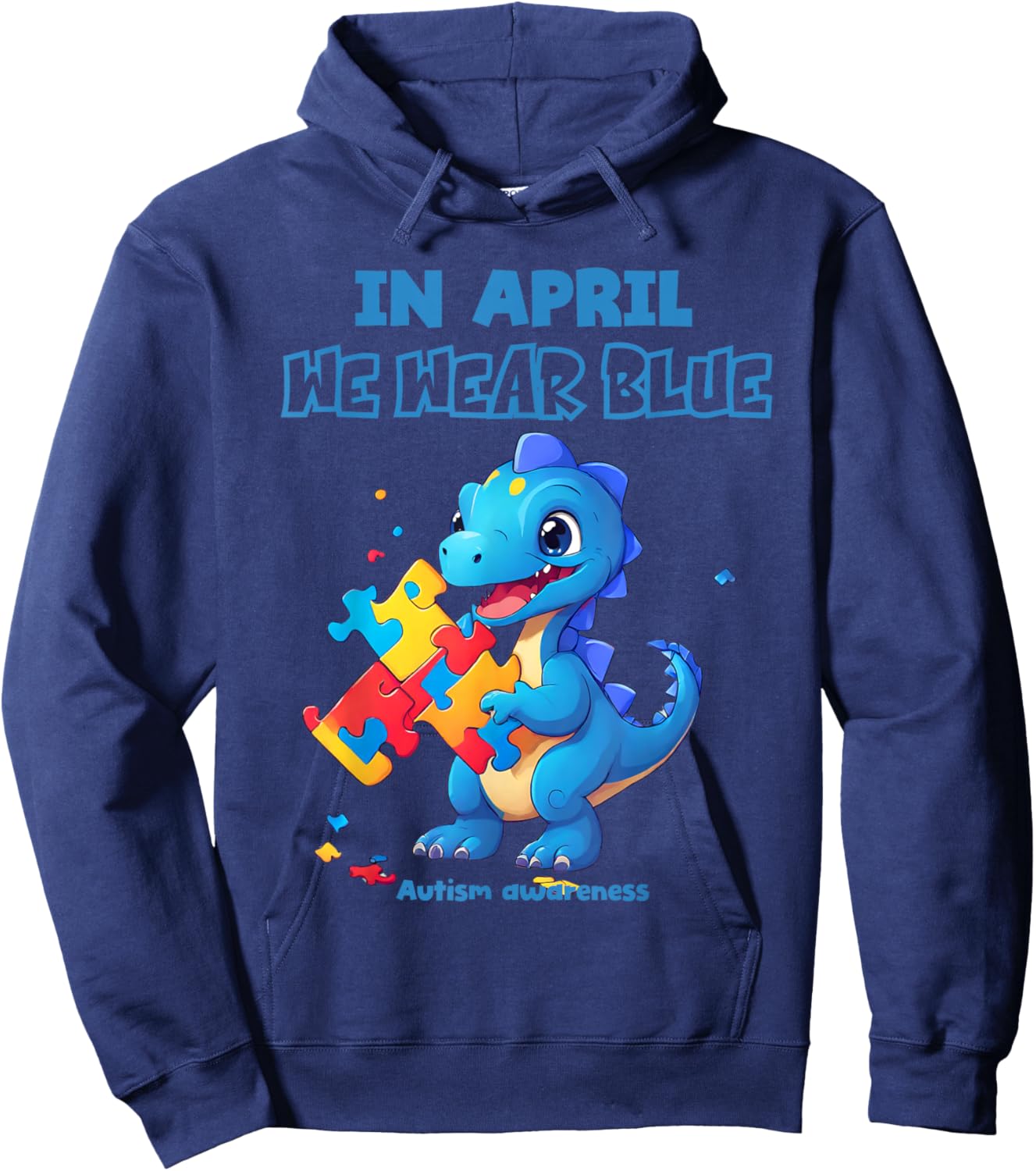 In april we wear blue autism awareness month dinasour t-rex Hoodie - Hoodie | Navy