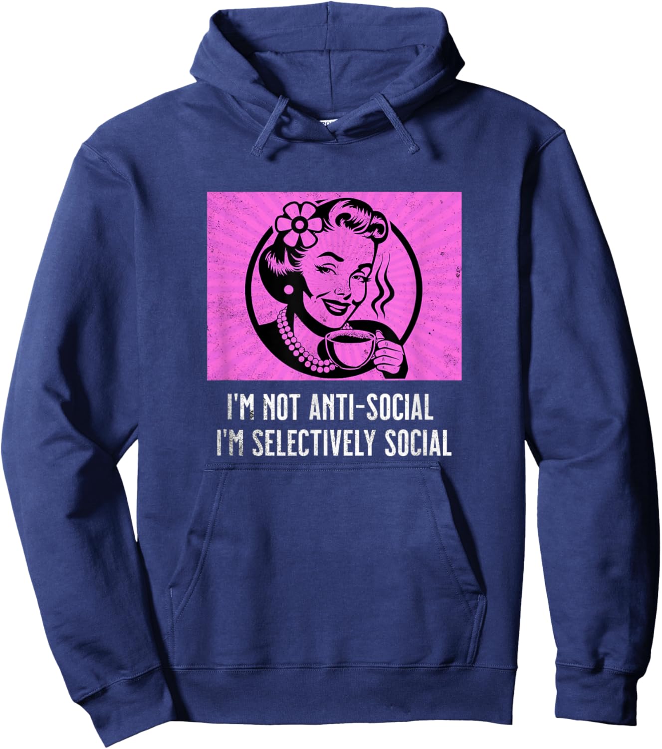 Retro Woman Coffee Funny Sarcastic Selectively Social Meme Hoodie - Hoodie | Navy