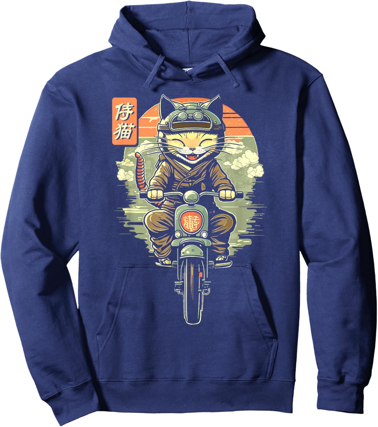 Japanese Samurai Cat on Motorcycle Kawaii Ninja Cat Hoodie - Hoodie | Navy