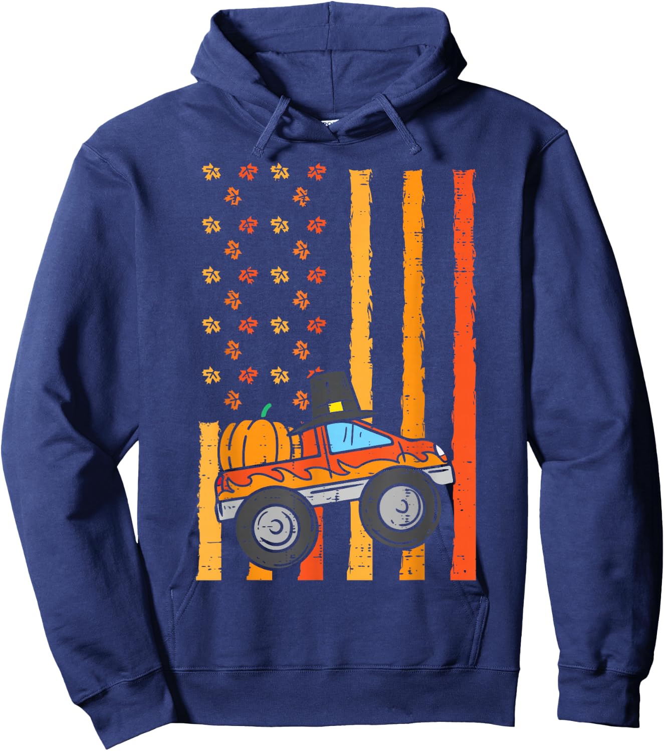 Thanksgiving Monster Truck US Flag Fall Toddler Boys Kids Hoodie - Hoodie | Navy
