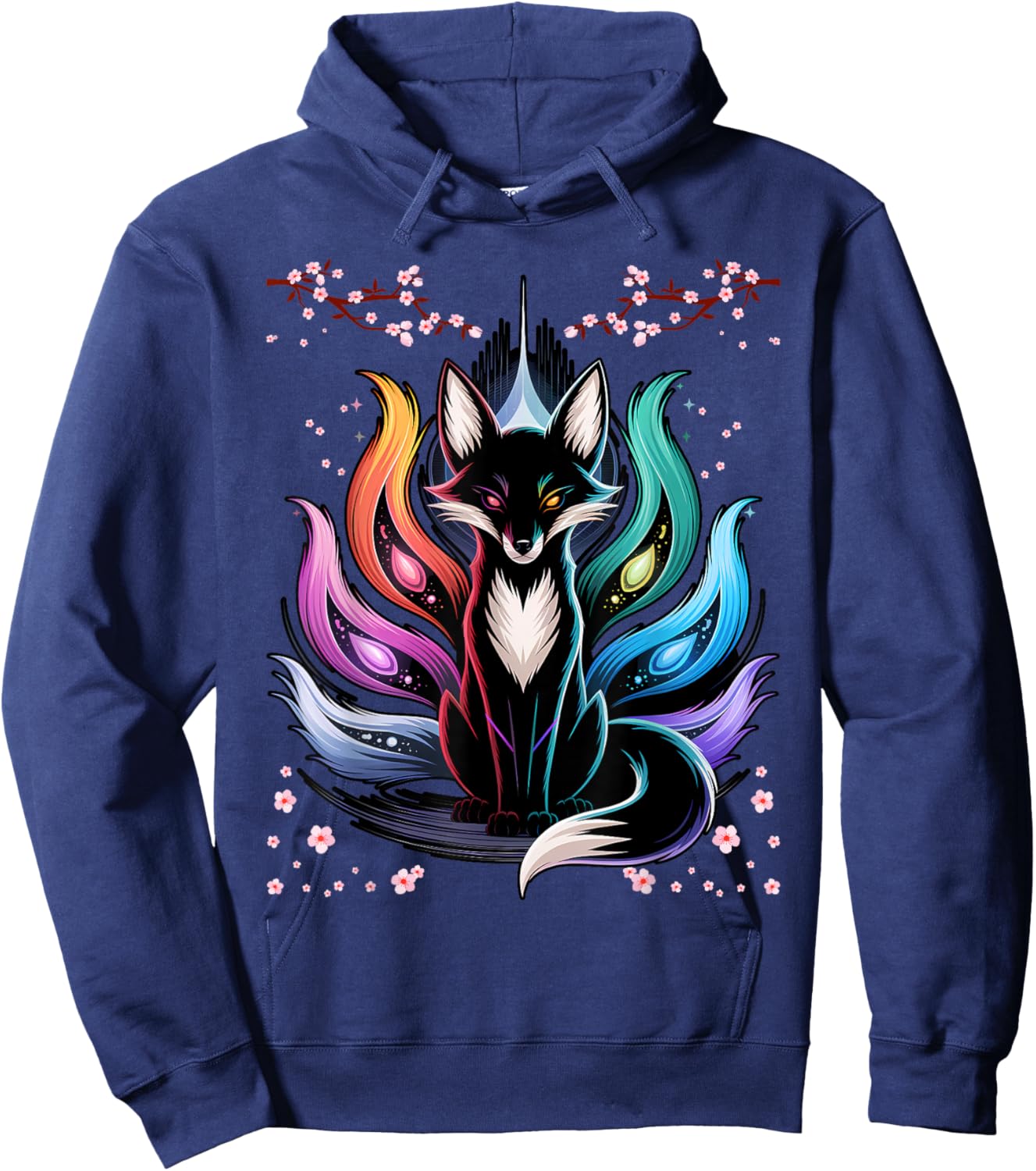 Japanese Fox Kitsune Seven Elements Cherry Flower Blossom Hoodie - Hoodie | Navy