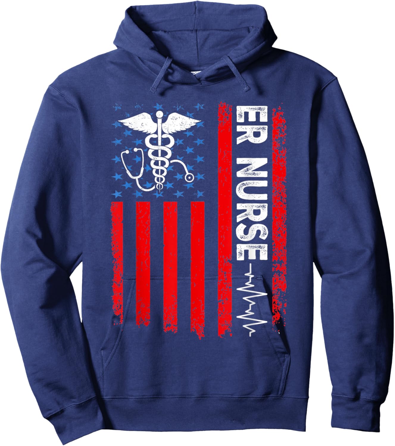 ER Nurse American Flag Patriotic ER Nurse 4th of July Women Men Hoodie - Hoodie | Navy
