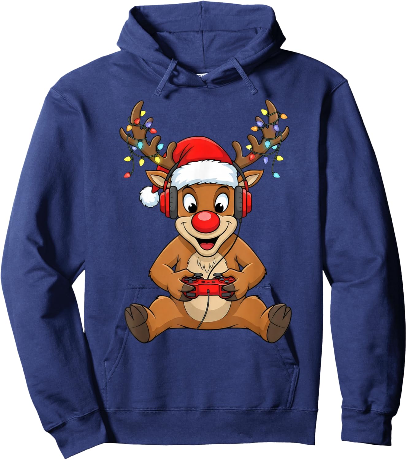 Christmas Gamer Reindeer Santa Hat Xmas Gaming Men Boys Hoodie - Hoodie | Navy