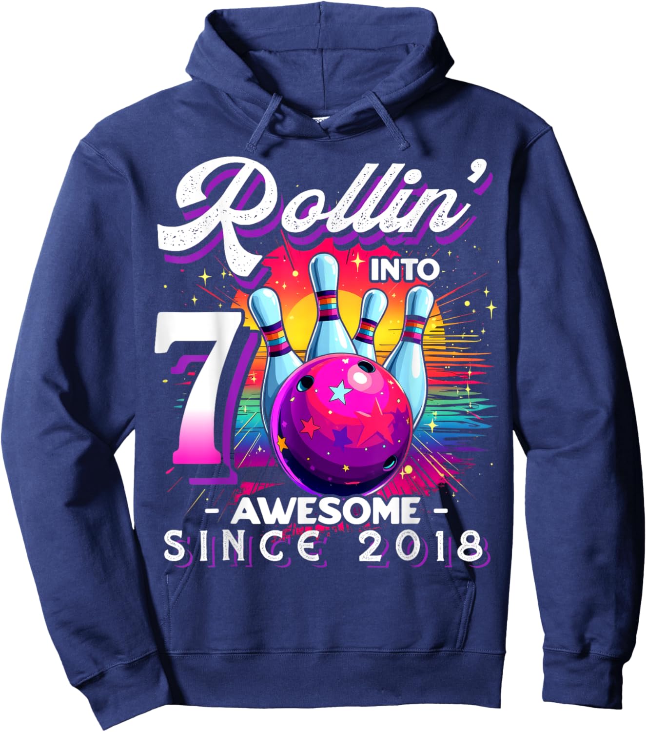 Bowling Party Rollin' 7 Awesome 2018 7th Birthday Girls Hoodie - Hoodie | Navy