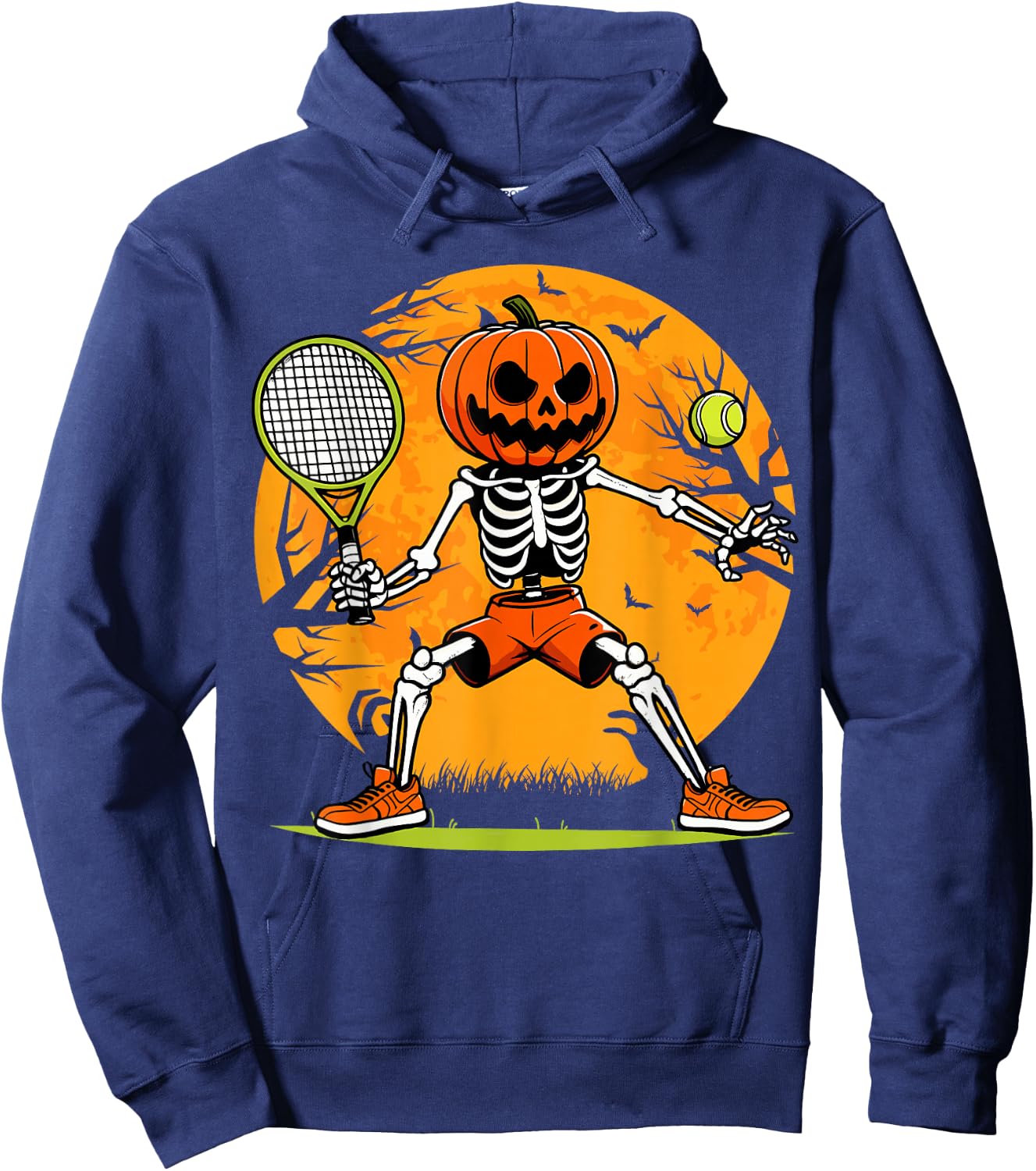 Halloween Tennis Pumpkin Head Skeleton Tennis Halloween Hoodie - Hoodie | Navy