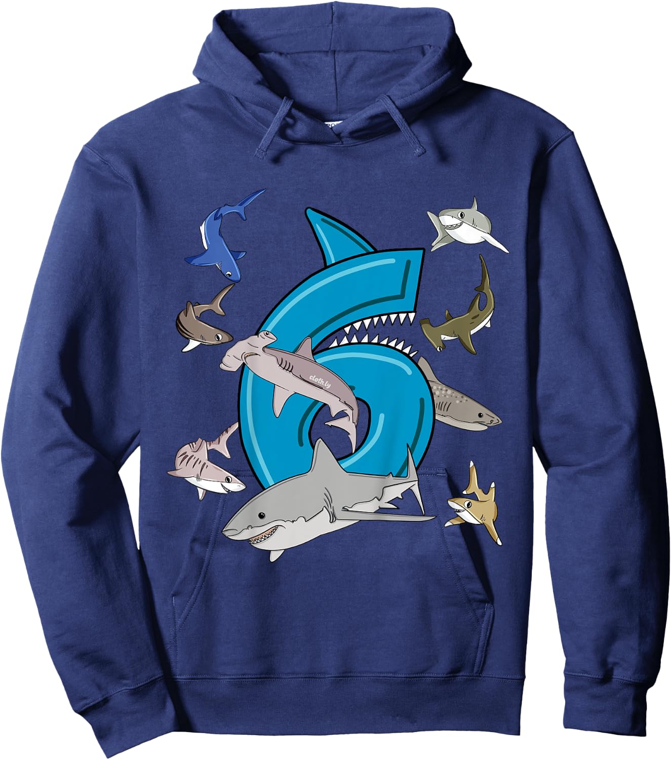 Kids 6th Birthday boys shark white shark Hoodie - Hoodie | Navy