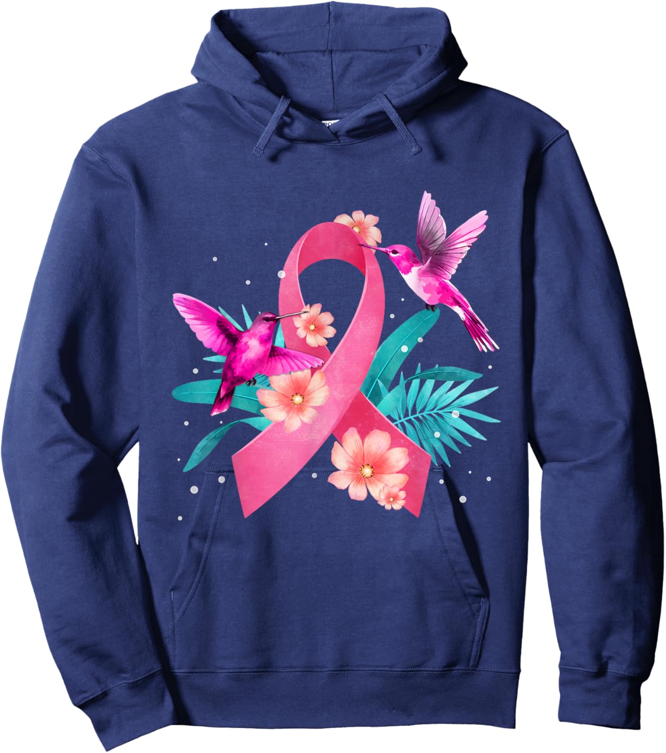 Hummingbird Breast Cancer Awareness Pink Ribbon Flowers Hoodie - Hoodie | Navy
