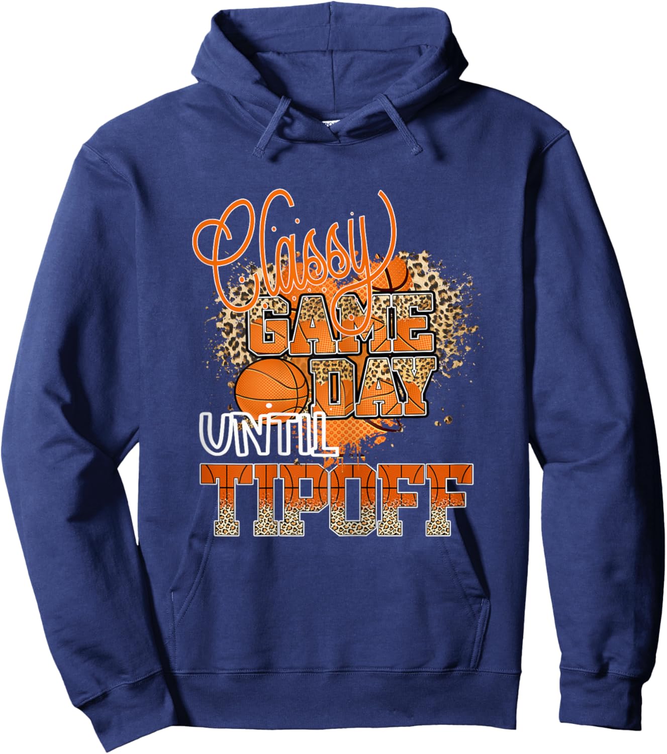 Classy Until Tip-off Leopard Print Basketball Fan Messy Bun Hoodie - Hoodie | Navy