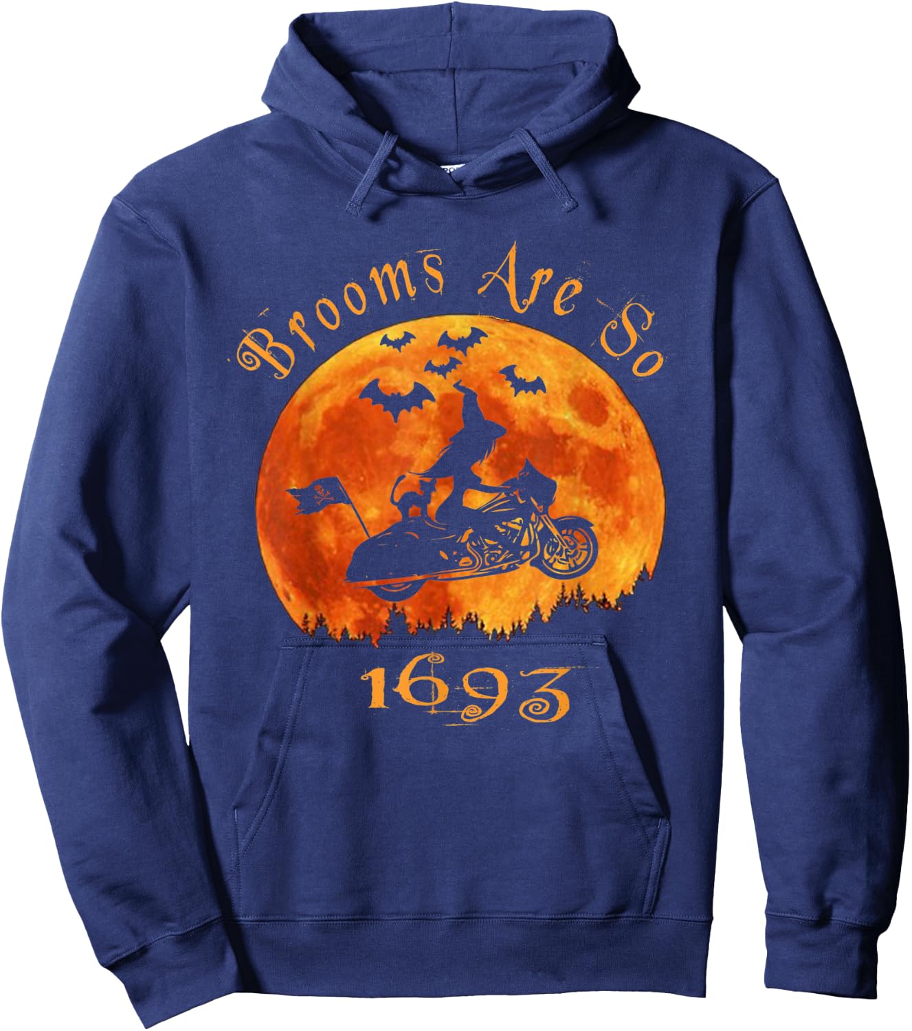 Halloween Witch On Motorcycle Cat & Moon Salem Witch Trials Hoodie - Hoodie | Navy