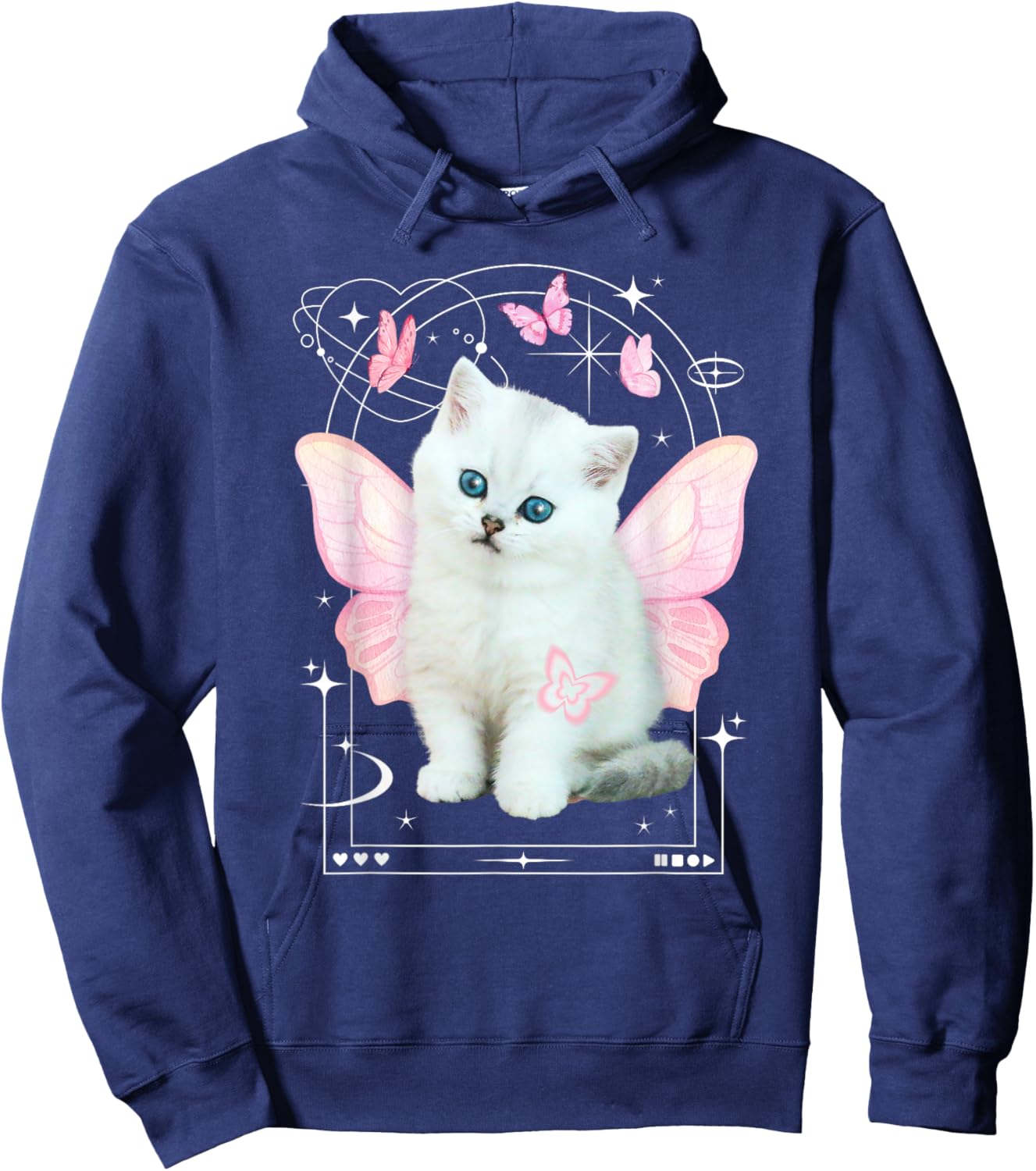 Cute y2k Aesthetic Cat Butterfly Fairy Cyber 2000s Graphic Hoodie - Hoodie | Navy