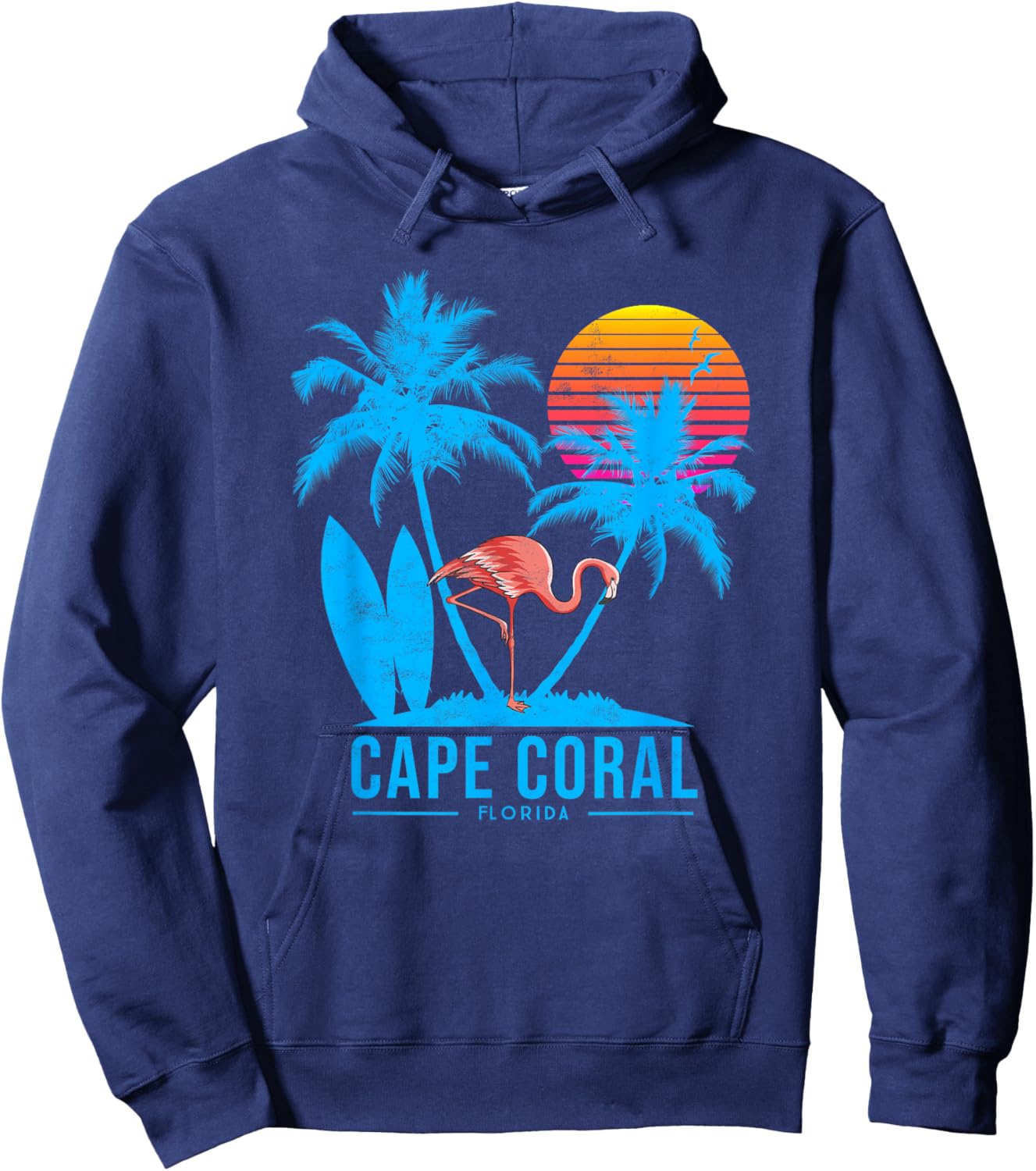 Cape Coral Florida. Flamingo and palm trees tropical sunset Hoodie - Hoodie | Navy