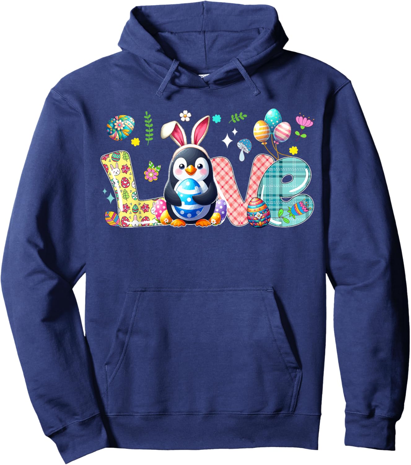 Love Easter Bunny Penguin Hunting Eggs Flowers Colourful Hoodie - Hoodie | Navy