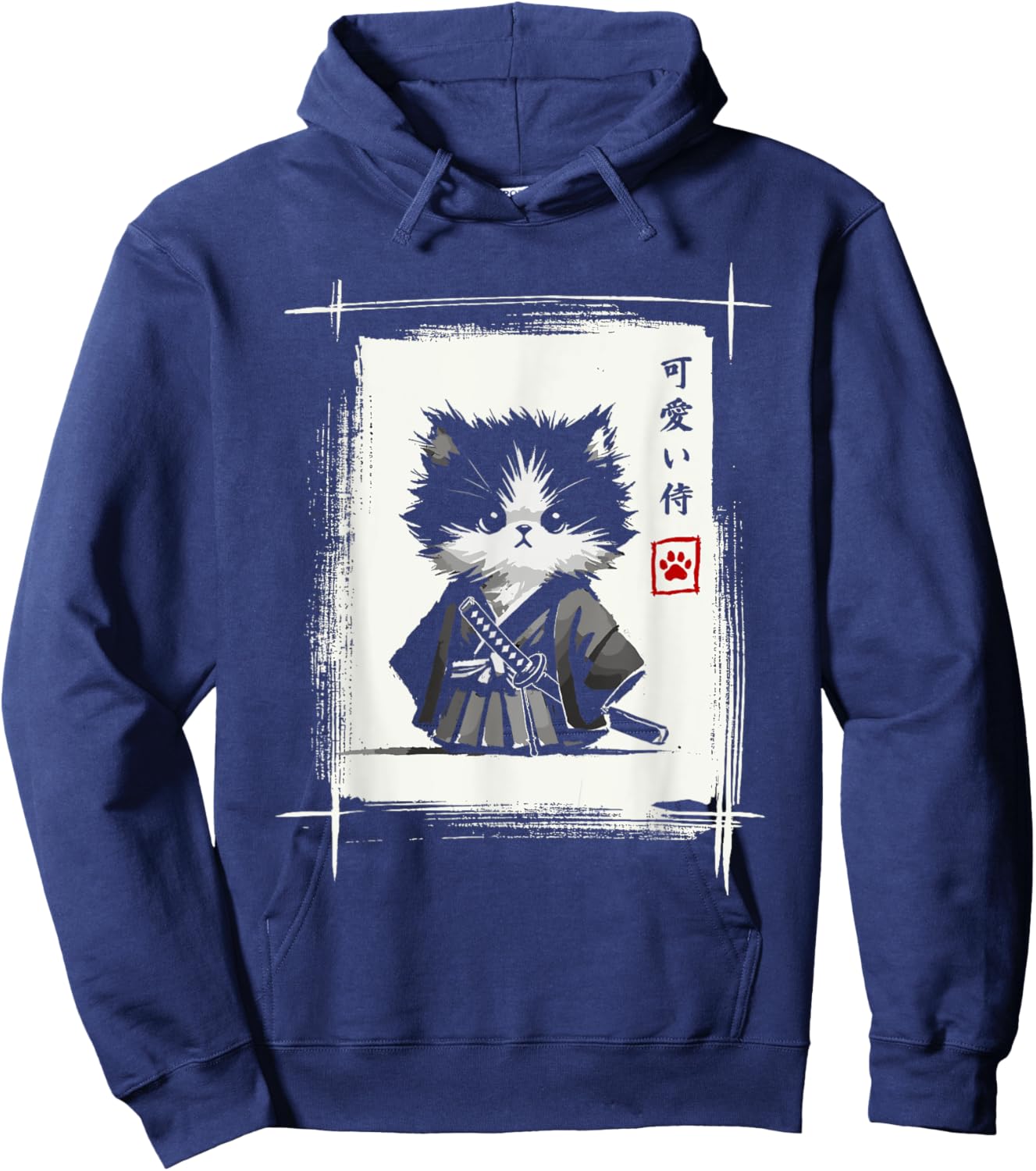 Samurai Cat Japanese Art Sumi-e Novelty Kawaii Funny Cat Hoodie - Hoodie | Navy