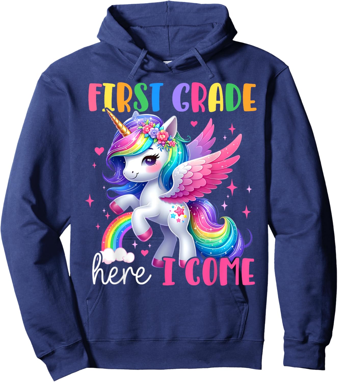 First Grade Here I Come Unicorn Girls Kids Back To School Hoodie - Hoodie | Navy