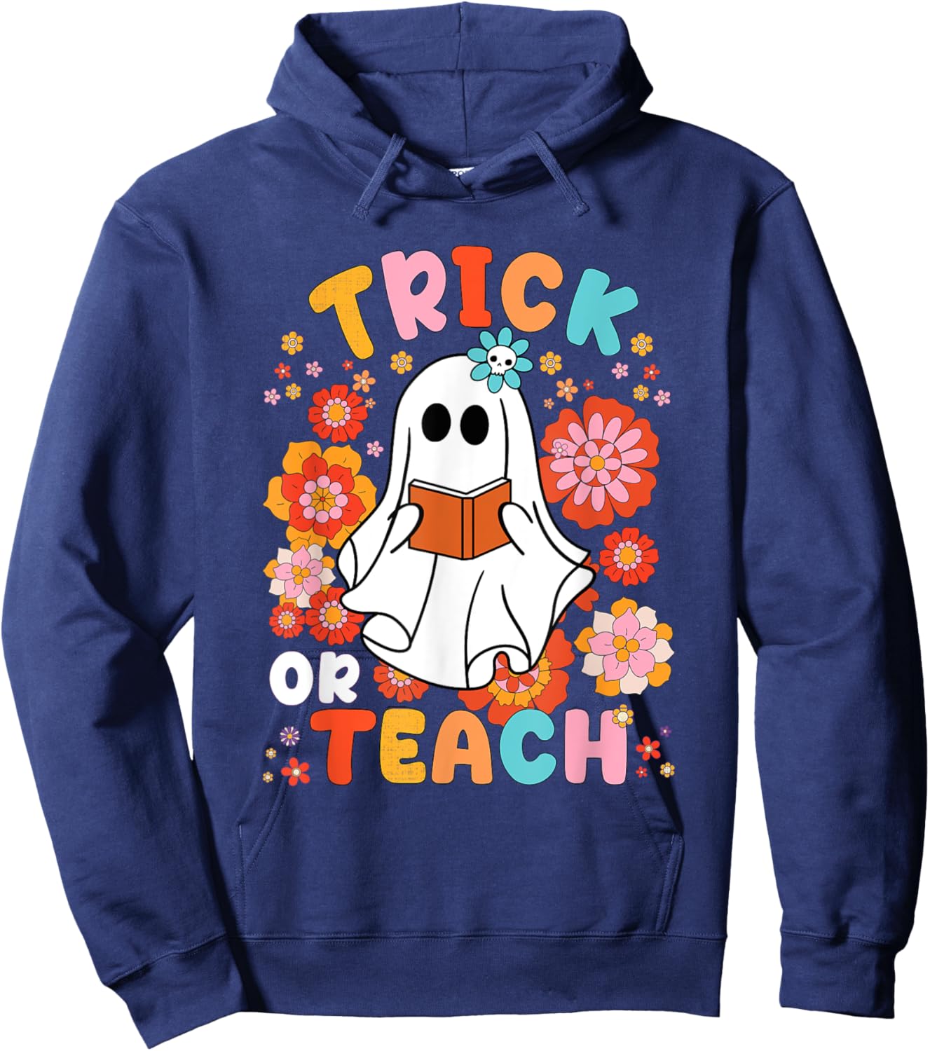 Groovy Halloween Trick or Teach Retro Floral Ghost Teacher Women Kids Hoodie - Hoodie | Navy