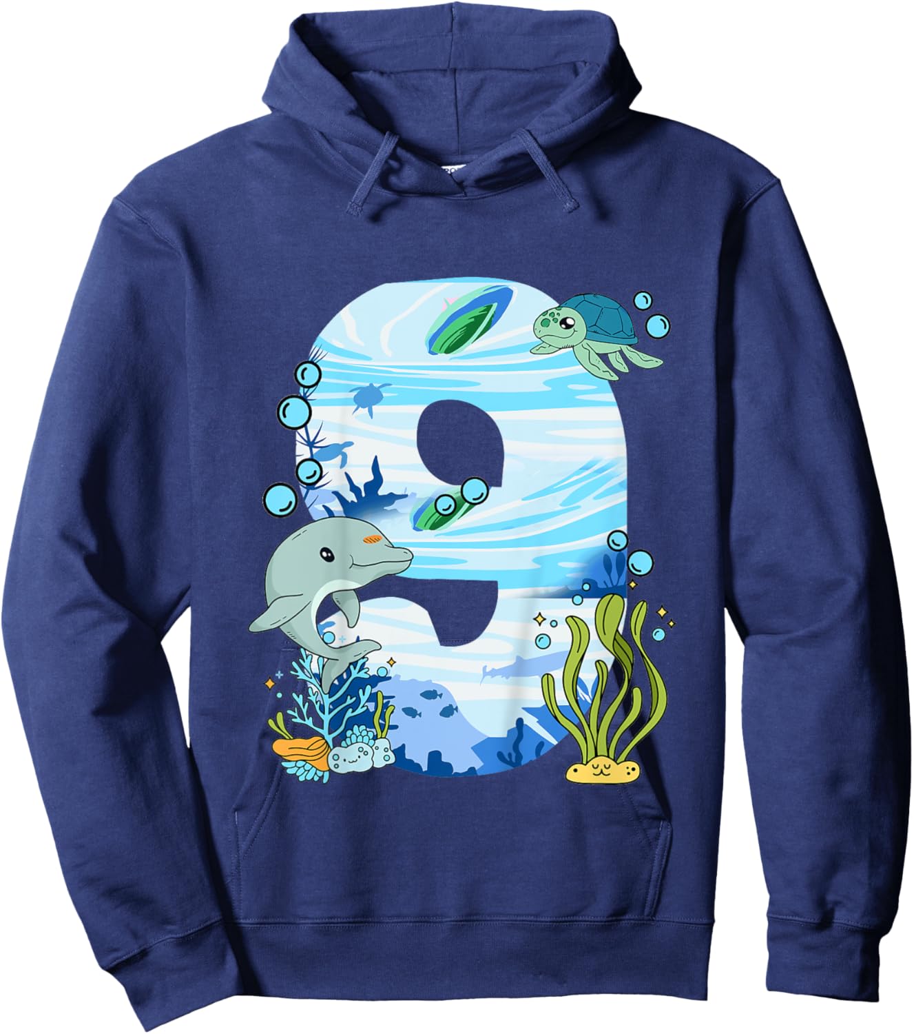 Underwater 9 Years Old - Dolphin And Turtle 9th Birthday Hoodie - Hoodie | Navy