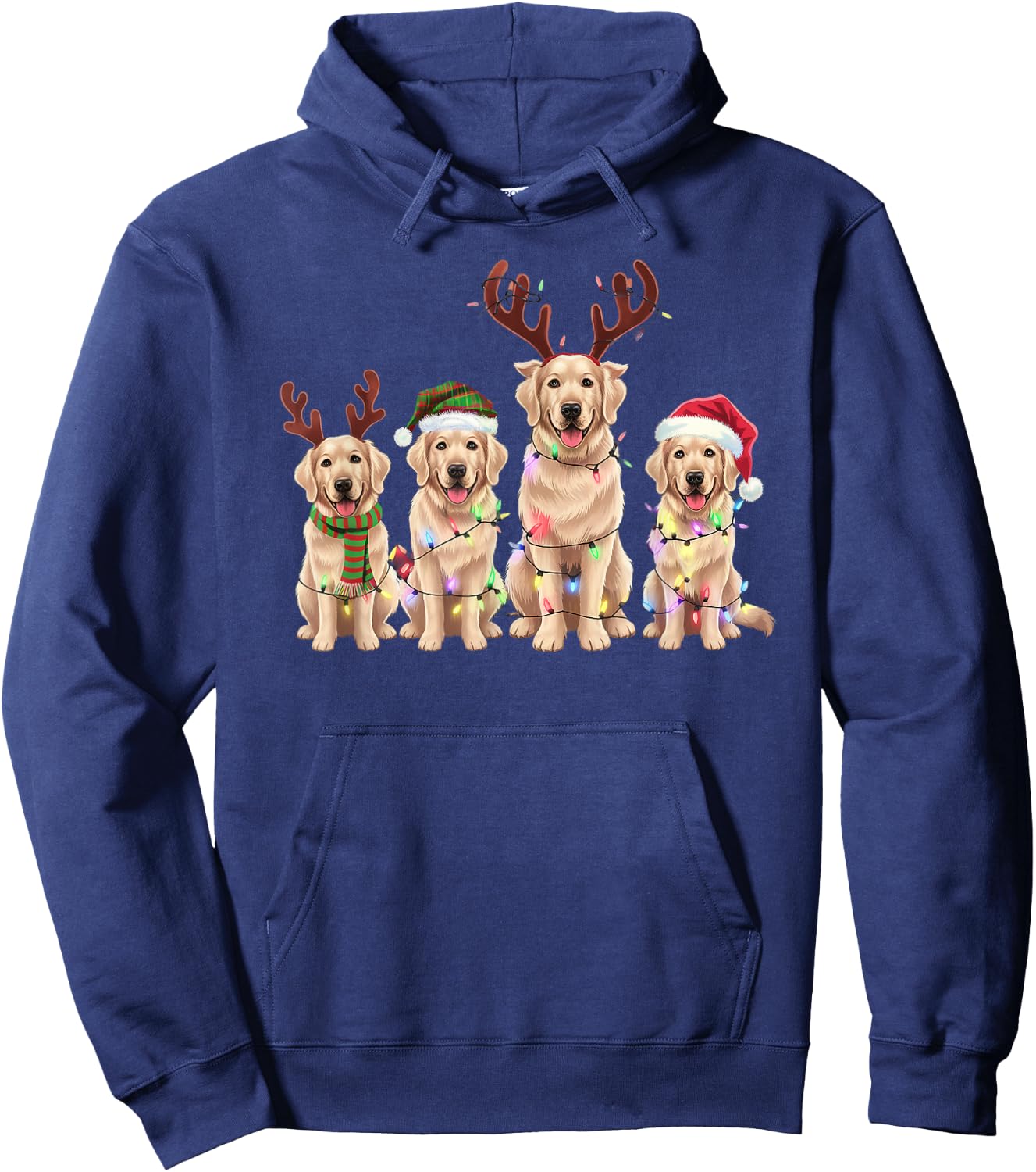 Threadrock -Adults Golden Retrievers Christmas Lights Reindeer Antlers Holiday - Black, Small, Short Sleeve Hoodie - Hoodie | Navy