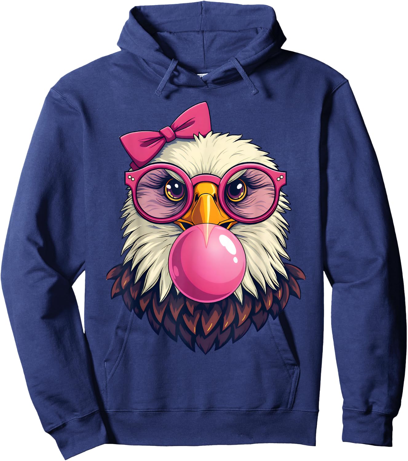 Cute Girl Bald Eagle Glasses Pink Bow Bubble Gum Eagle Lover Hoodie - Hoodie | Navy