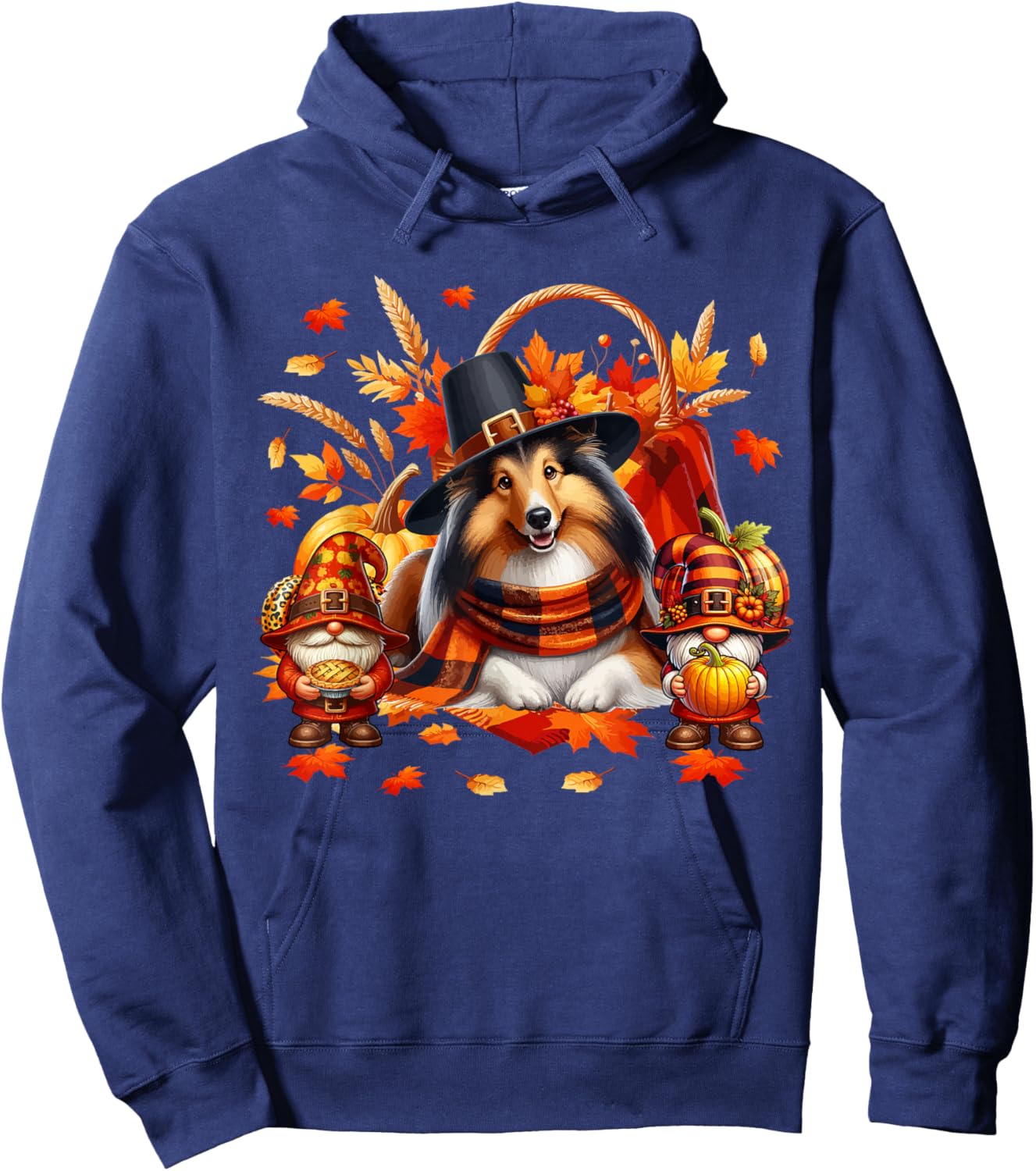 Thanksgiving Sheltie With Gnomes Fall Leaves Pumpkins Hoodie - Hoodie | Navy