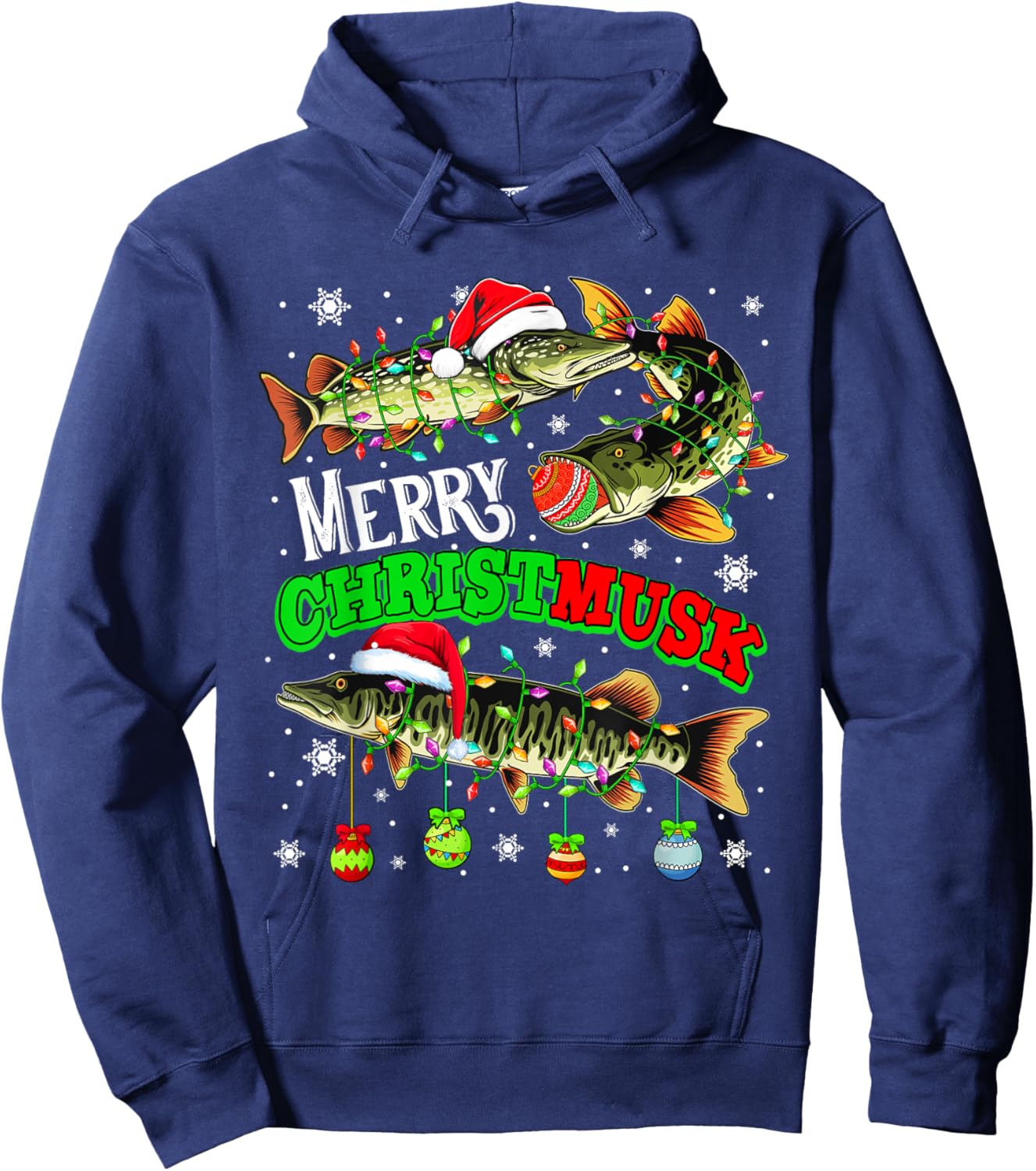 Merry Christmas Musky Three Santa Muskies Fisher Fishing Hoodie - Hoodie | Navy