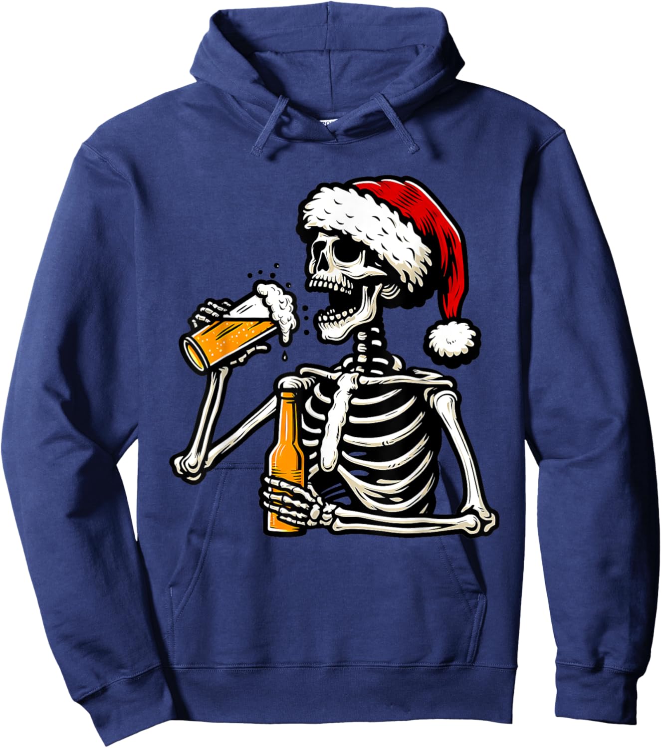 Christmas Santa Skull Skeleton Beer Drinking Drinker Hoodie - Hoodie | Navy