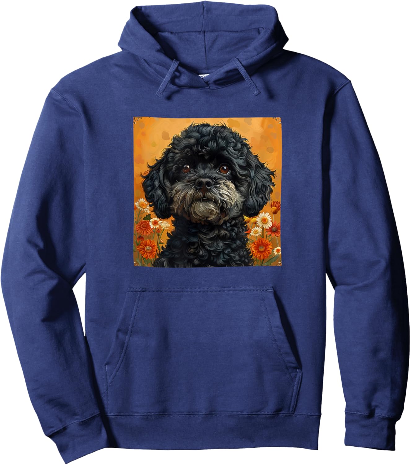Black Poodle With Flowers Around Boho Style Graphic Hoodie - Hoodie | Navy