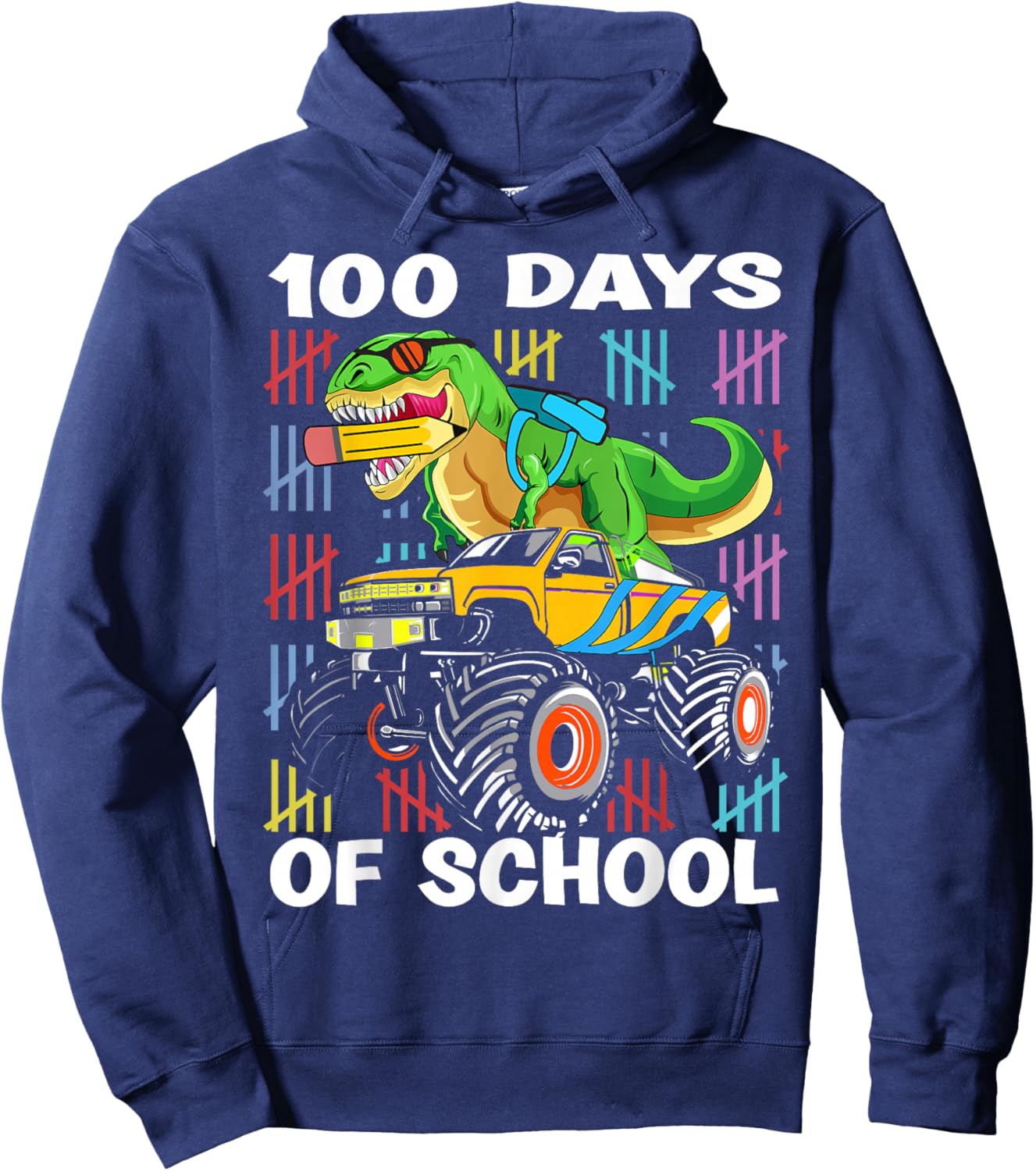 100th Day of School 100 Days School Truck Dinosaur Boys Kids Hoodie - Hoodie | Navy