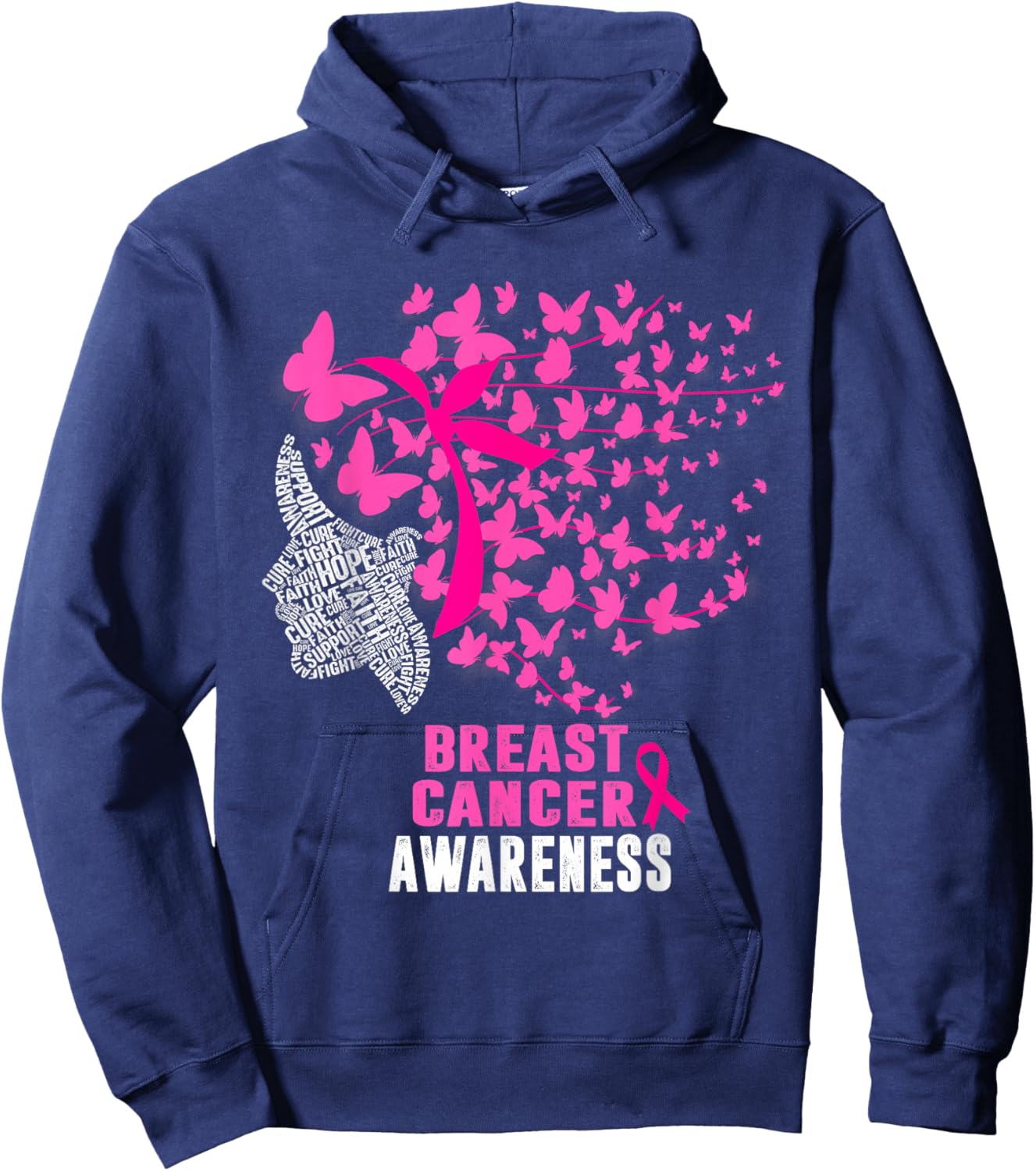 Breast Cancer Awareness Butterfly Pink Ribbon Support Hoodie - Hoodie | Navy