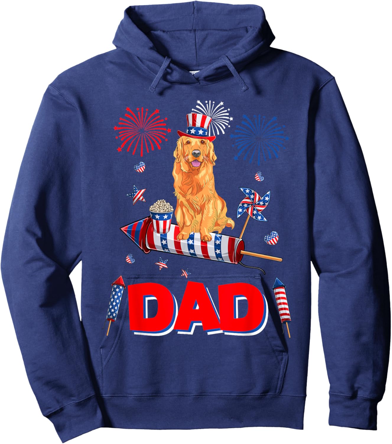 Dad Cute Golden Retriever 4th July American Flag Fireworks Hoodie - Hoodie | Navy