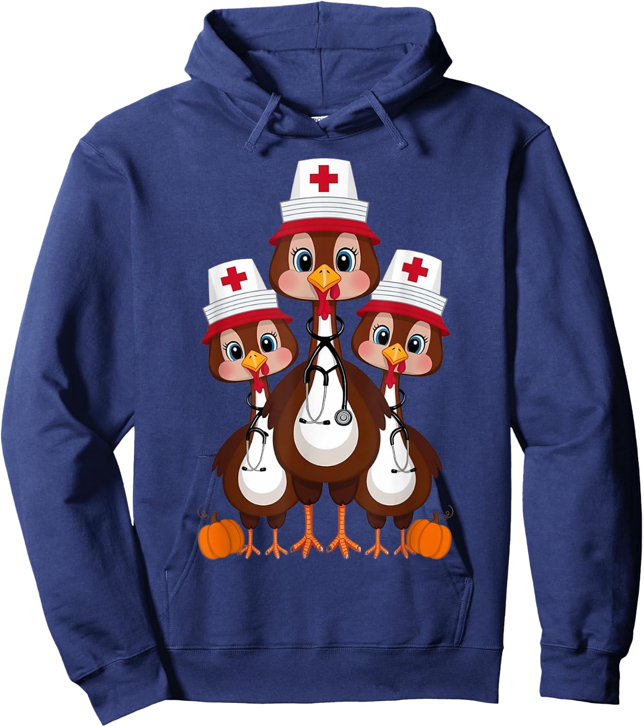 Thanksgiving Scrub Tops Women Turkey Nurse Holiday Nursing Hoodie - Hoodie | Navy