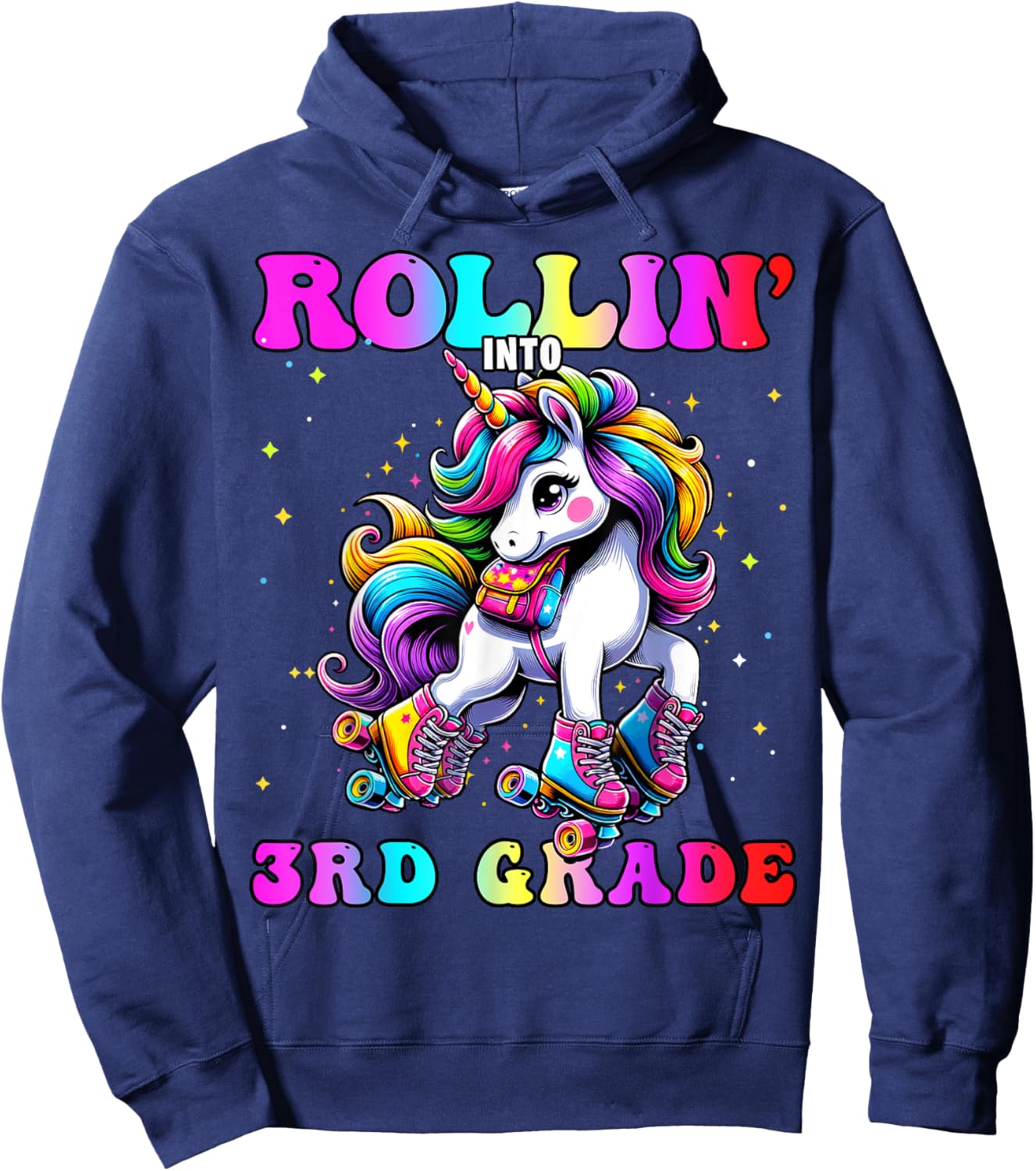3rd Grade Back To School First Day Girl Rollin Unicorn Hoodie - Hoodie | Navy