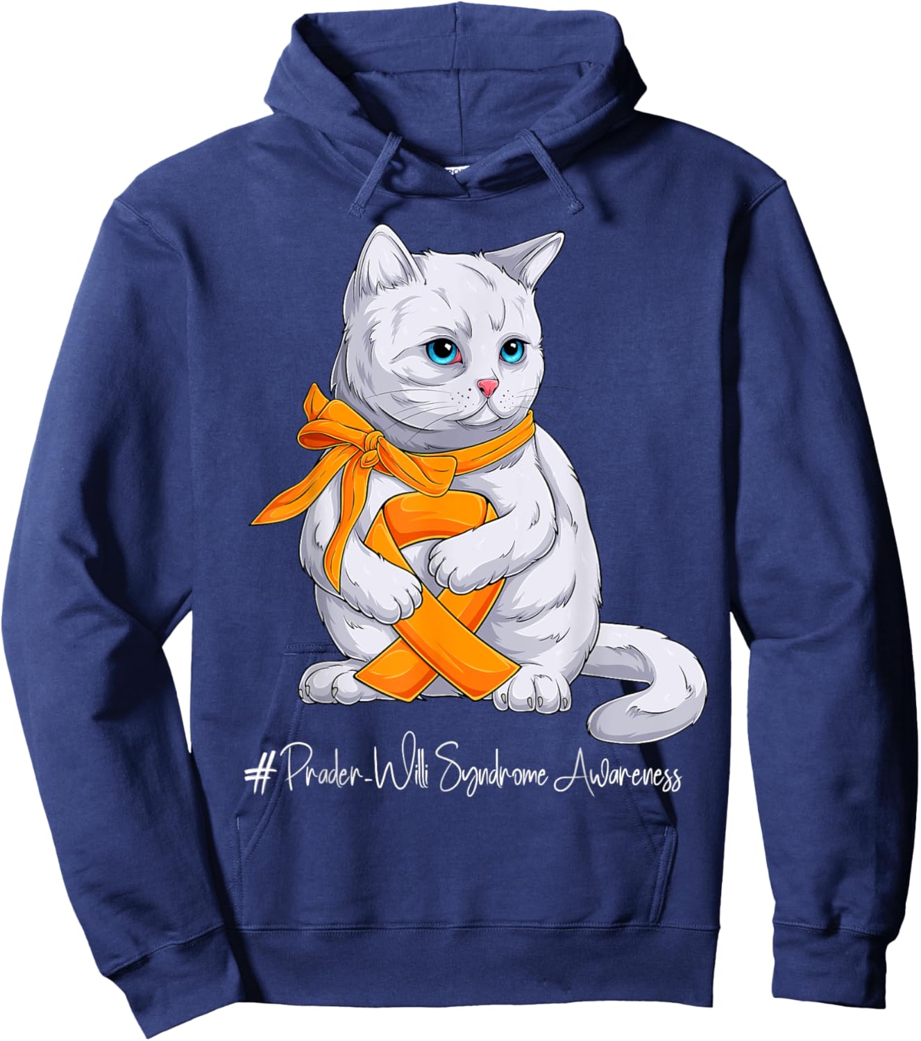 Prader-Willi Syndrome Awareness Month Orange Ribbon Cat Hoodie - Hoodie | Navy