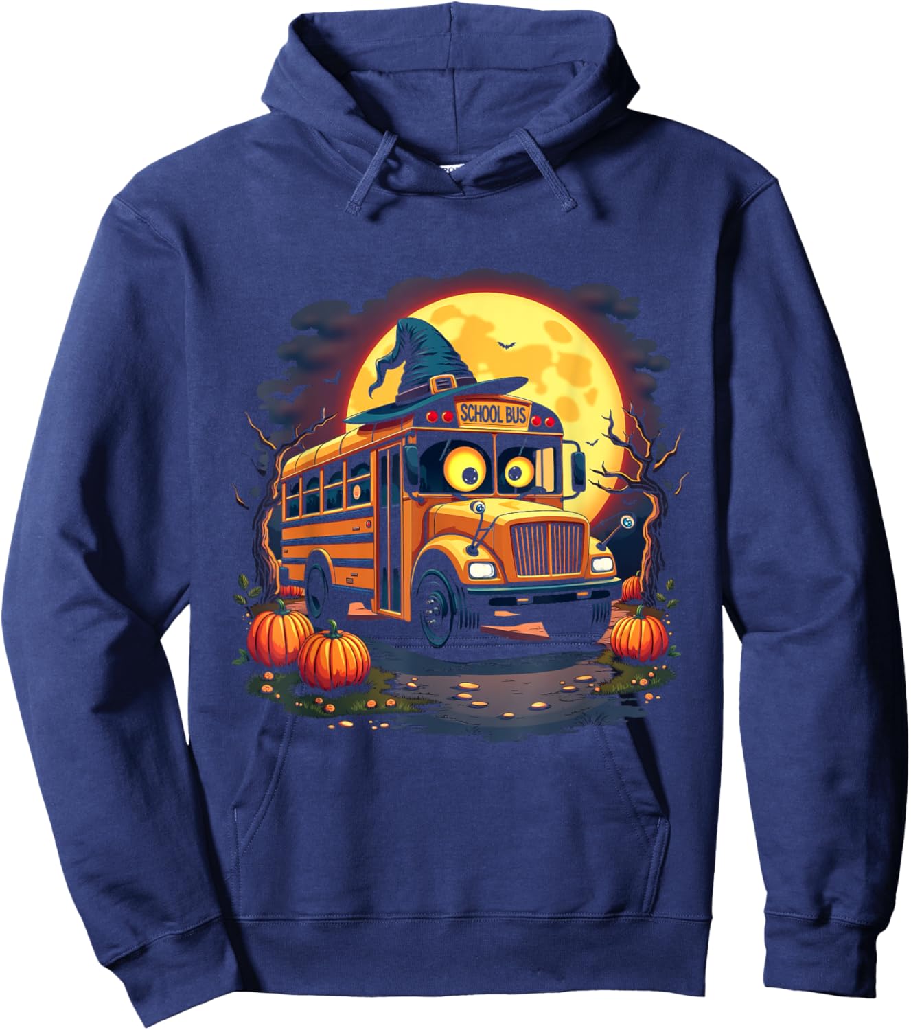 Halloween School Bus with Witch Hat and Pumpkins Spooky Hoodie - Hoodie | Navy