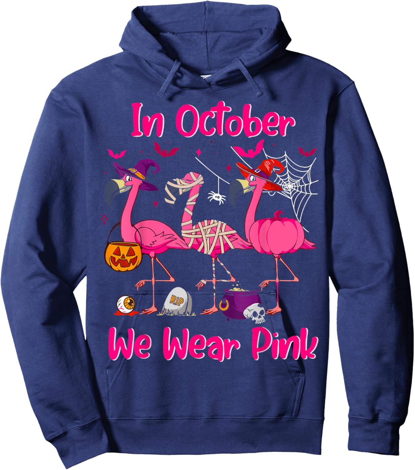 In October We Wear Pink Flamingo Breast Cancer Awareness Hoodie - Hoodie | Navy