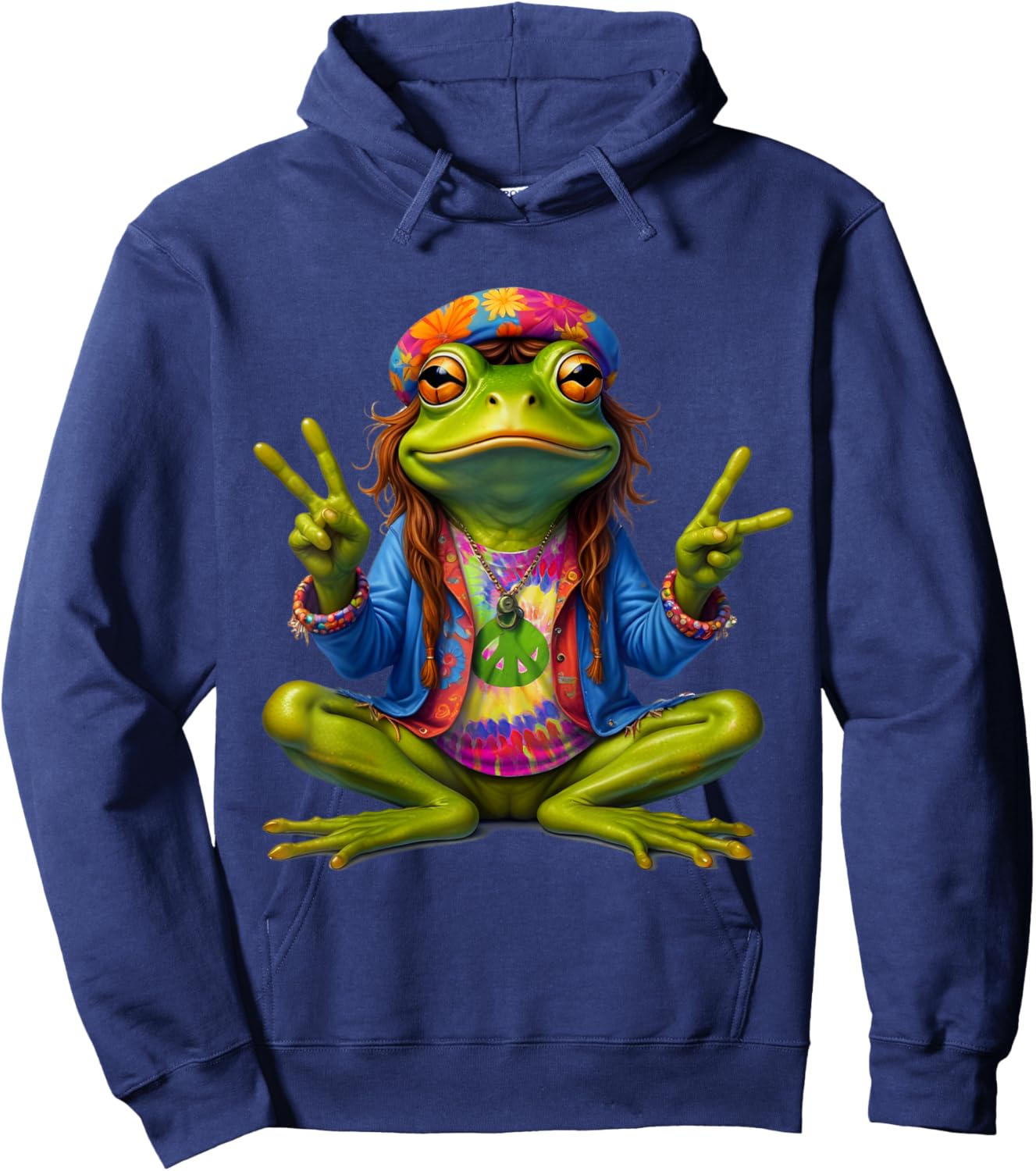 Tie-Dye Frog Peace Sign 60s 70s Hippie Men Women Hoodie - Hoodie | Navy