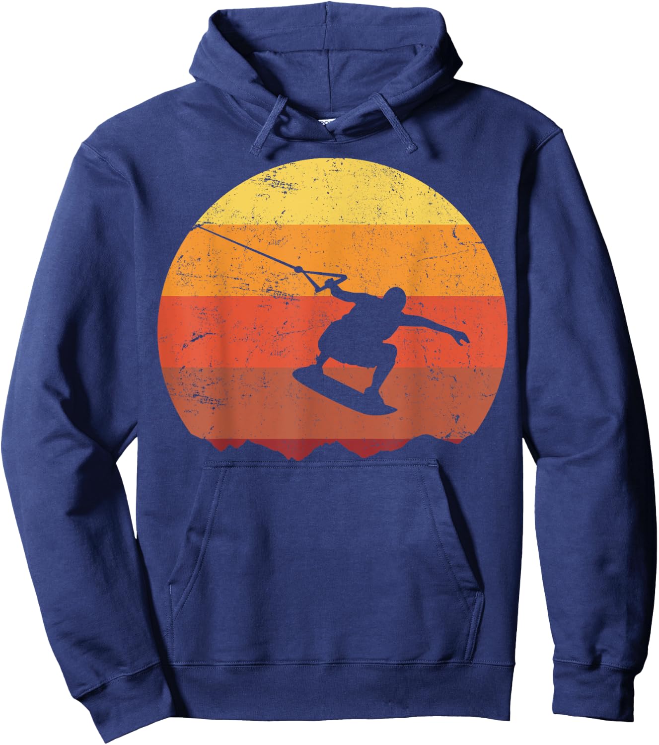 Retro Sunset Wakeboard , Men's Black Graphic Short Sleeve Hoodie - Hoodie | Navy