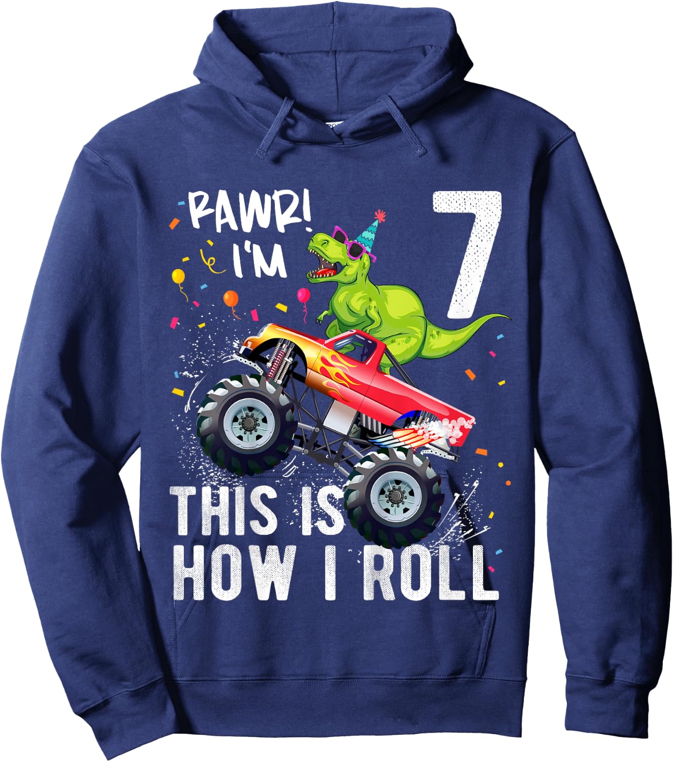 T Rex Dinosaur Monster Truck 7th Birthday Boys and Girls Hoodie - Hoodie | Navy
