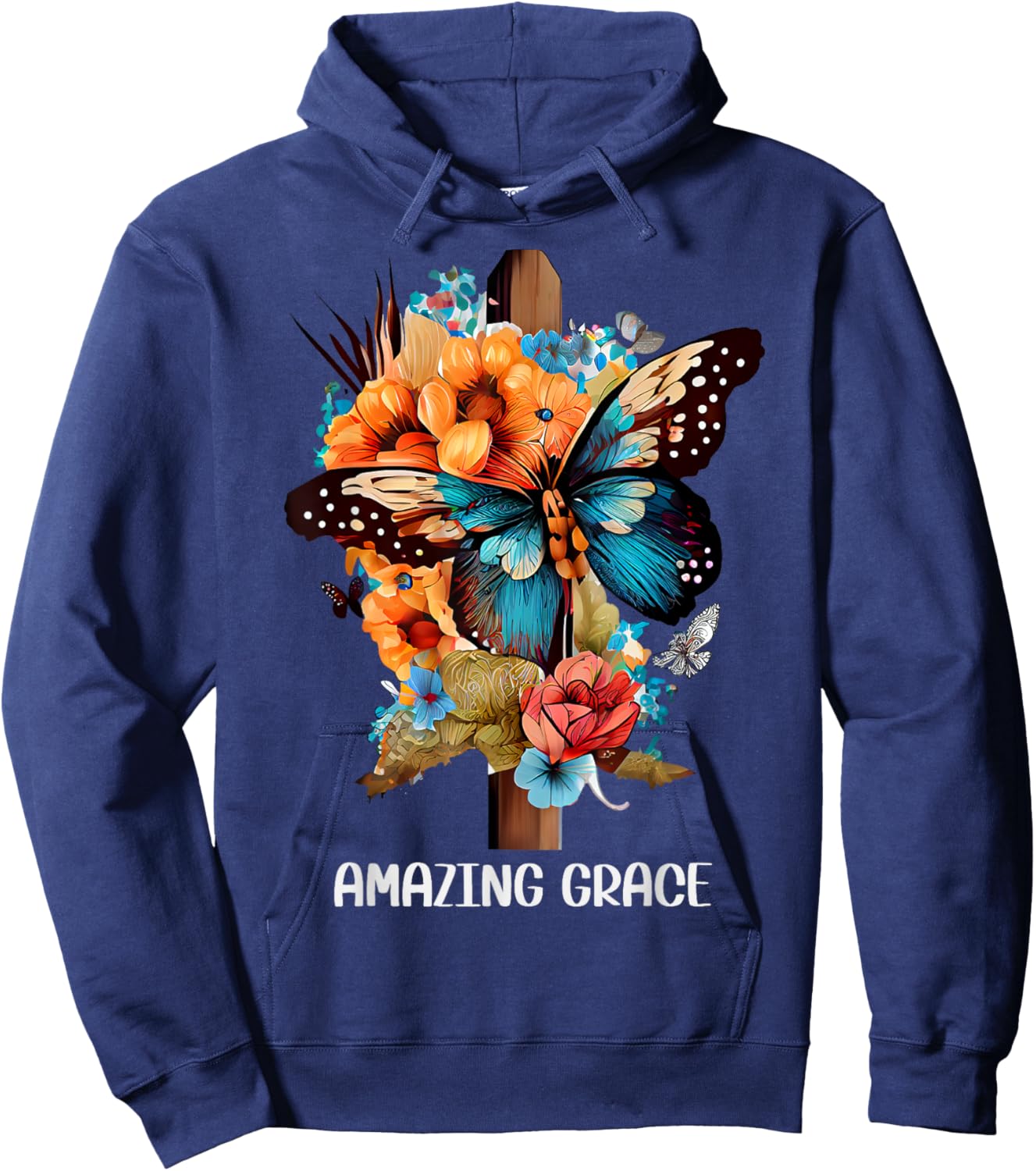Amazing grace Christian Cross Butterfly Flowers Floral Faith Hoodie - Hoodie | Navy