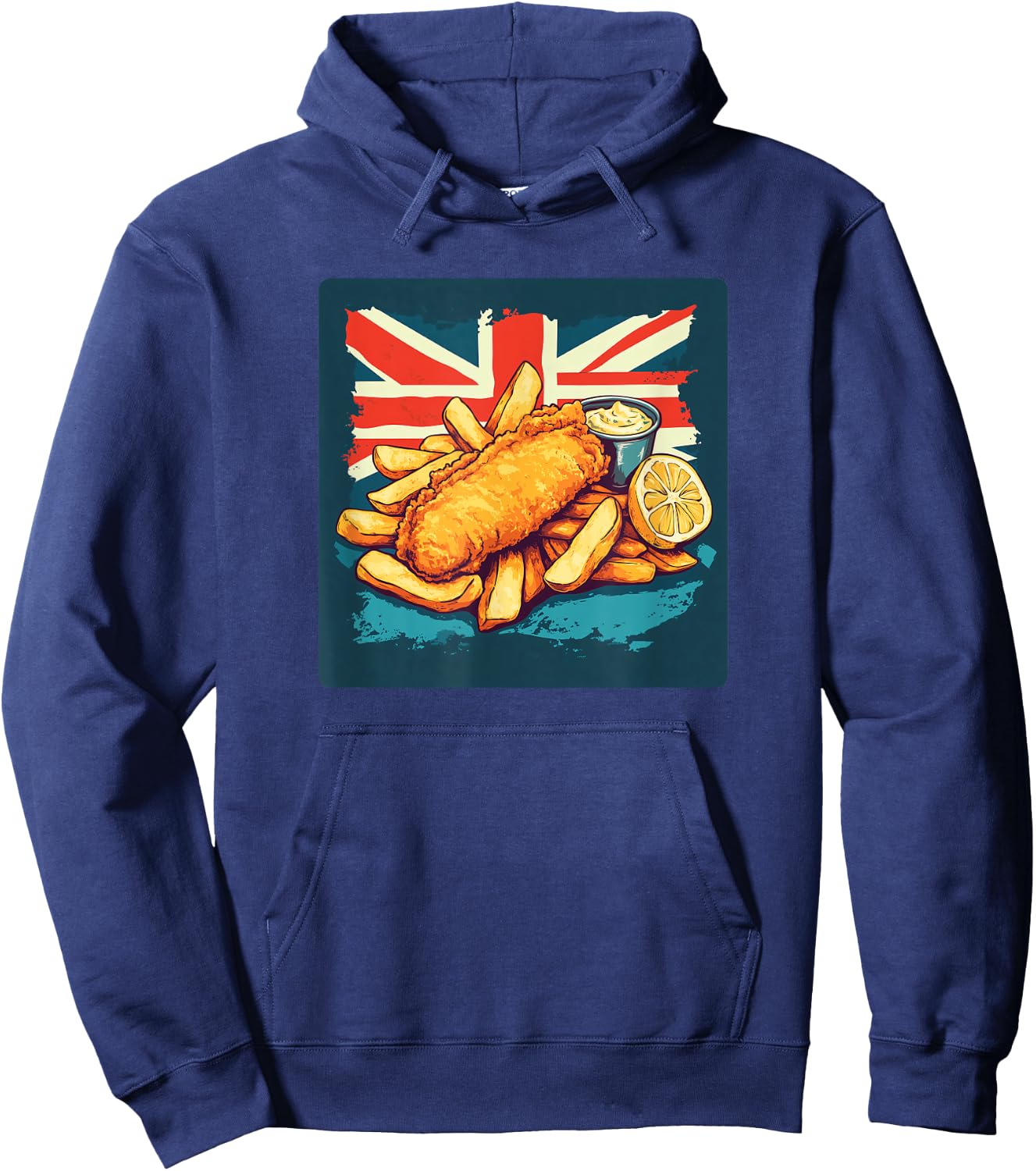 Kawaii Motto Designs Fish and Chips Lover Classic British Food Hoodie - Hoodie | Navy