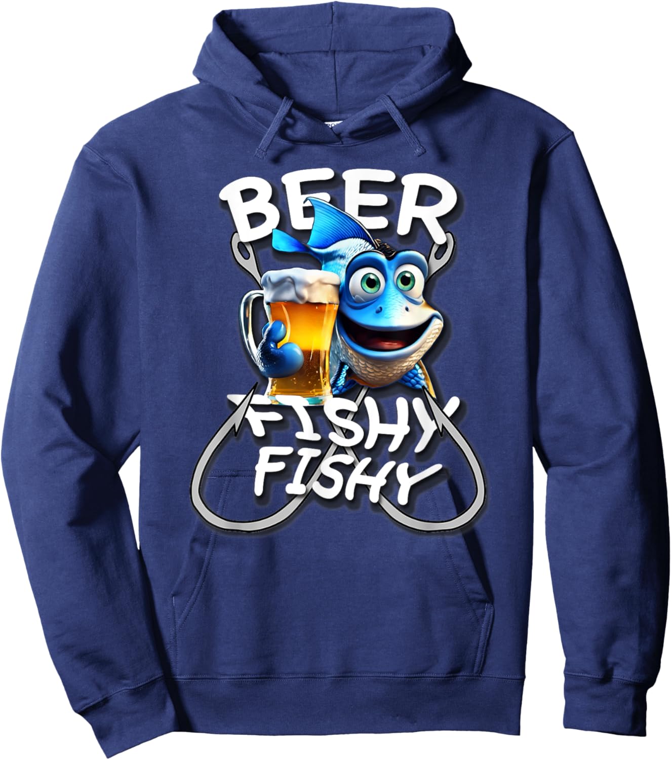 Beer Fishy Fishy Funny Fish Holding A Beer, By Yoraytees Hoodie - Hoodie | Navy
