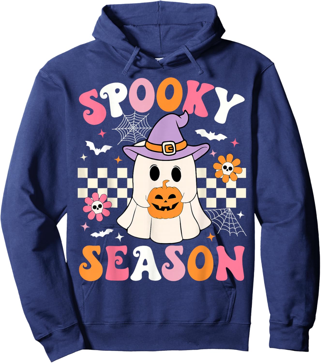 Spooky Season Ghost Holding Pumpkin Groovy Halloween Ghost Hoodie - Hoodie | Navy