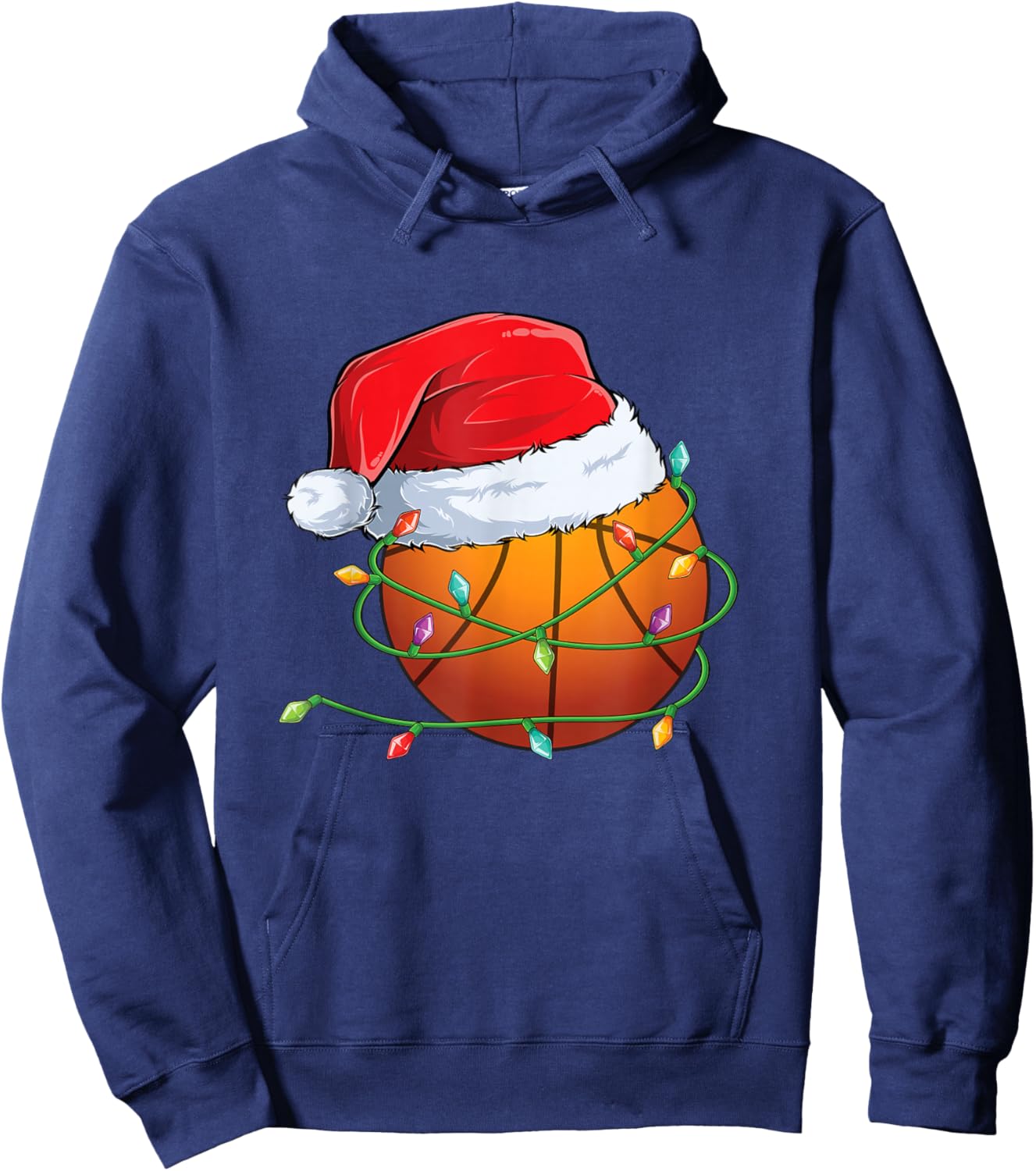 Christmas Basketball Santa Hat wrapped in Holiday Lights Hoodie - Hoodie | Navy
