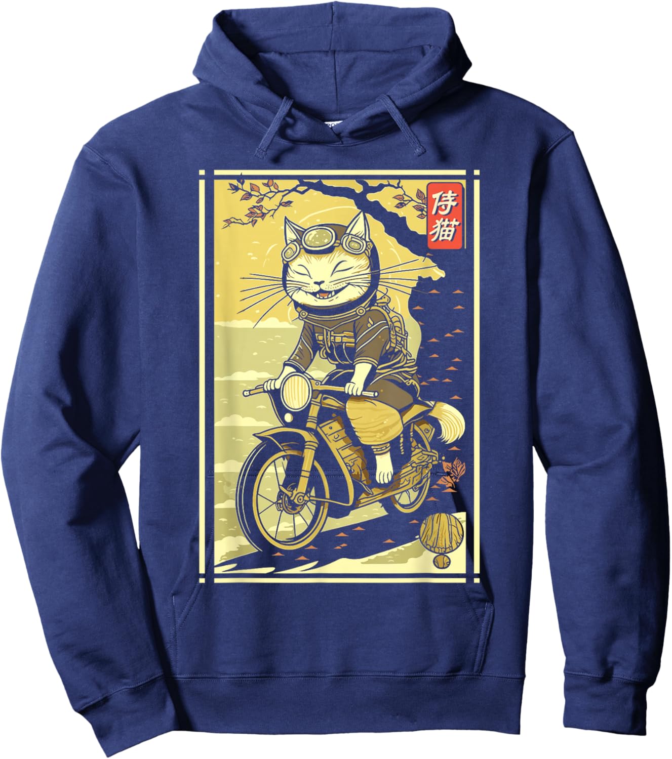 Japanese Samurai Cat on Motorcycle Kawaii Ninja Cat Hoodie - Hoodie | Navy