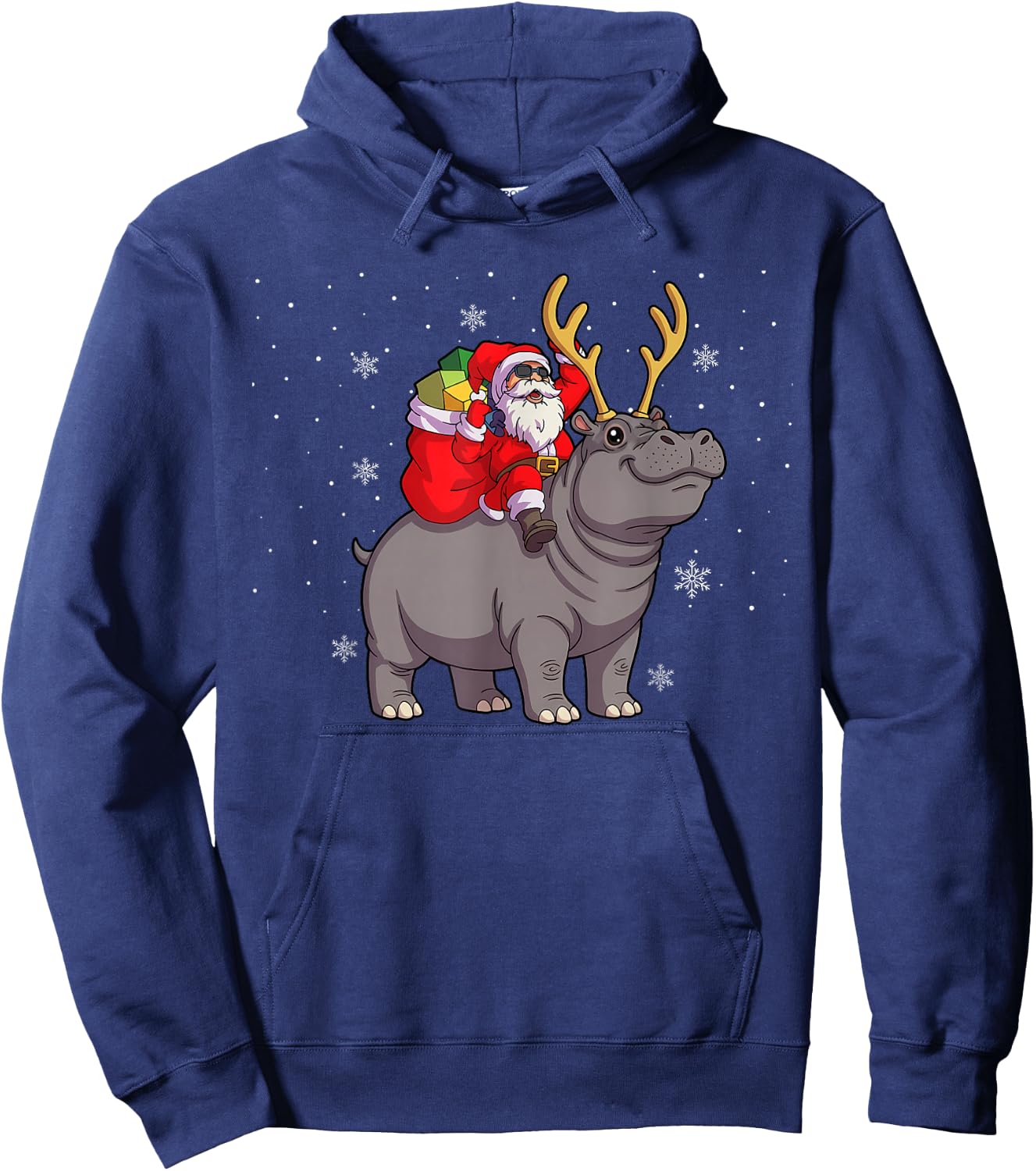 Santa Riding Hippo Deer Xmas Hippo Christmas Hoodie - Hoodie | Navy