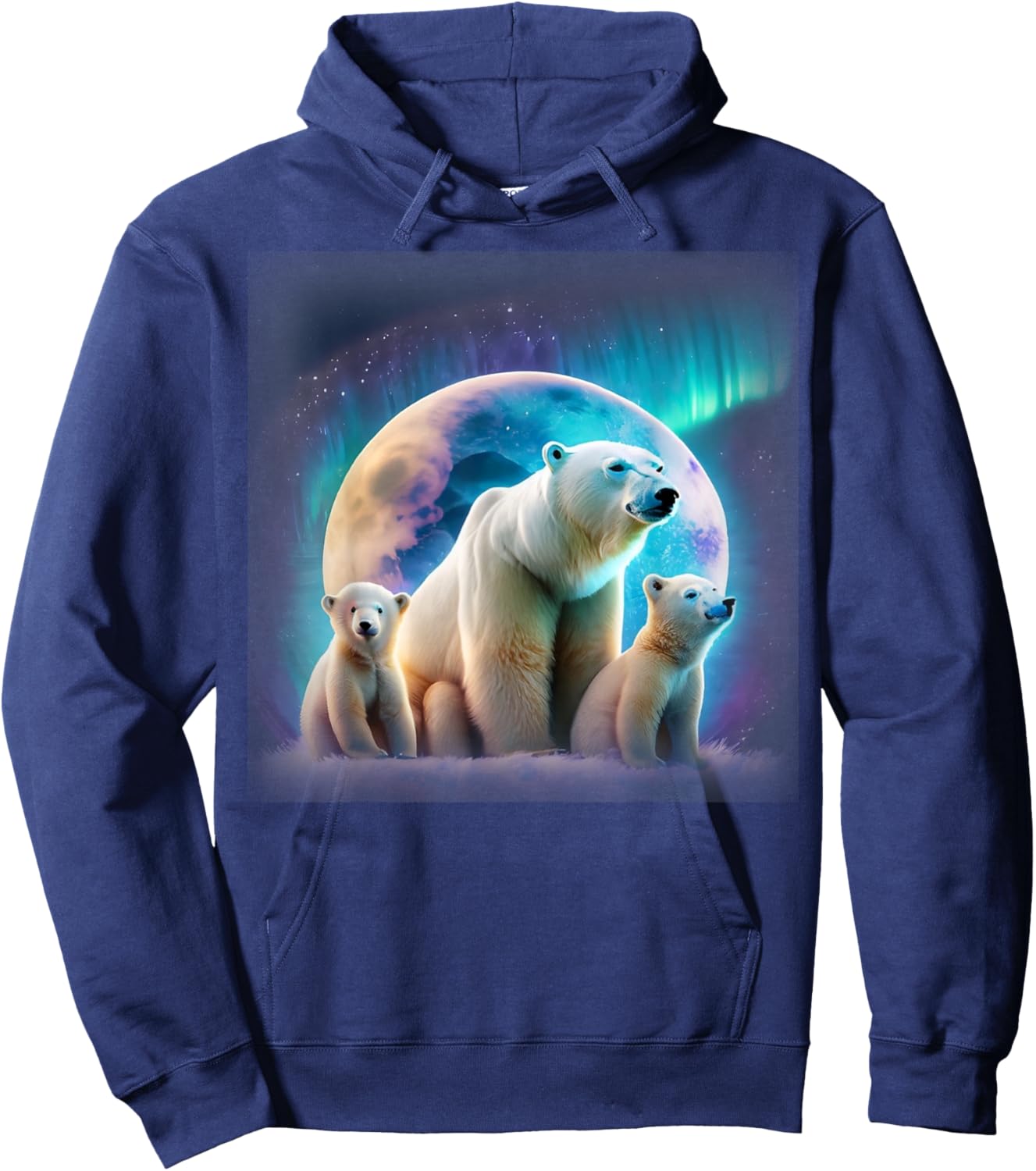 Mother and Baby Polar Bears Under Northern Lights and Moon Hoodie - Hoodie | Navy