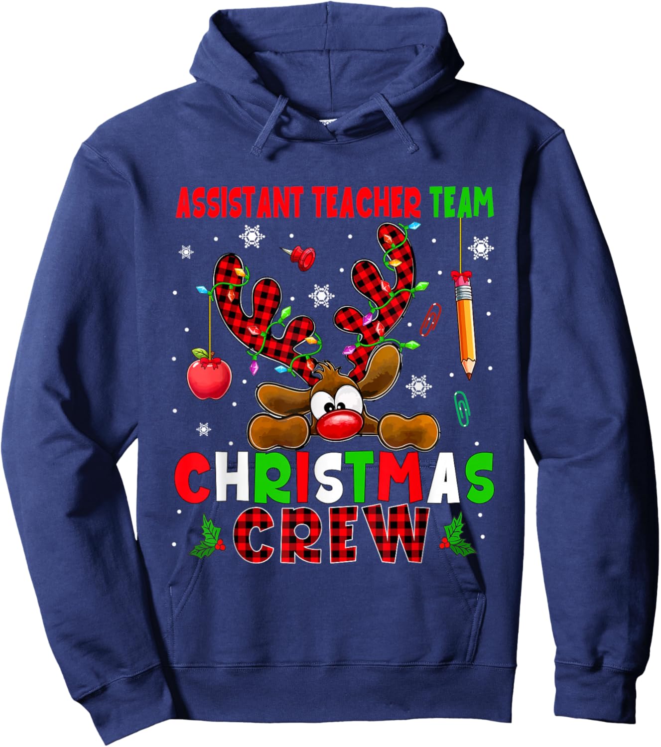 Assistant Teacher Team Christmas Crew Job Colorful Reindeer Hoodie - Hoodie | Navy