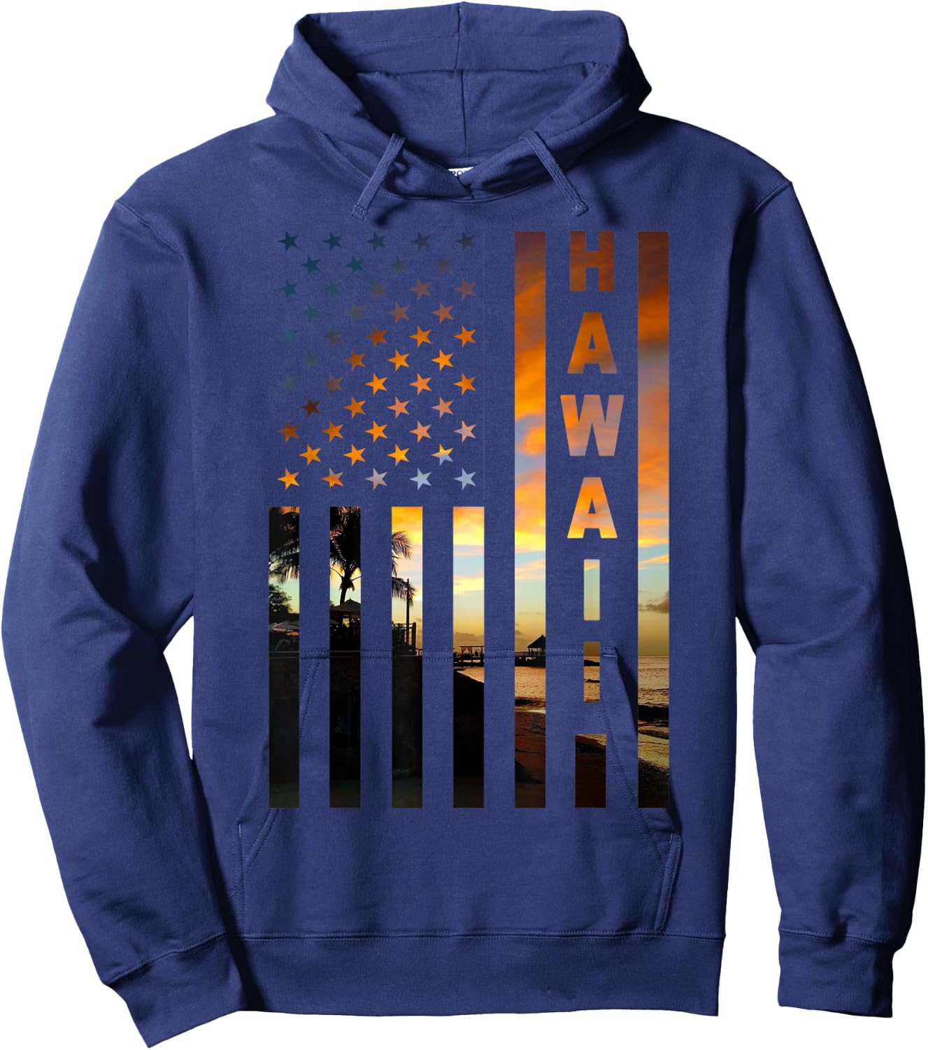 Hawaii Sunset American Flag Honolulu Hawaiian Island Hoodie - Hoodie | Navy
