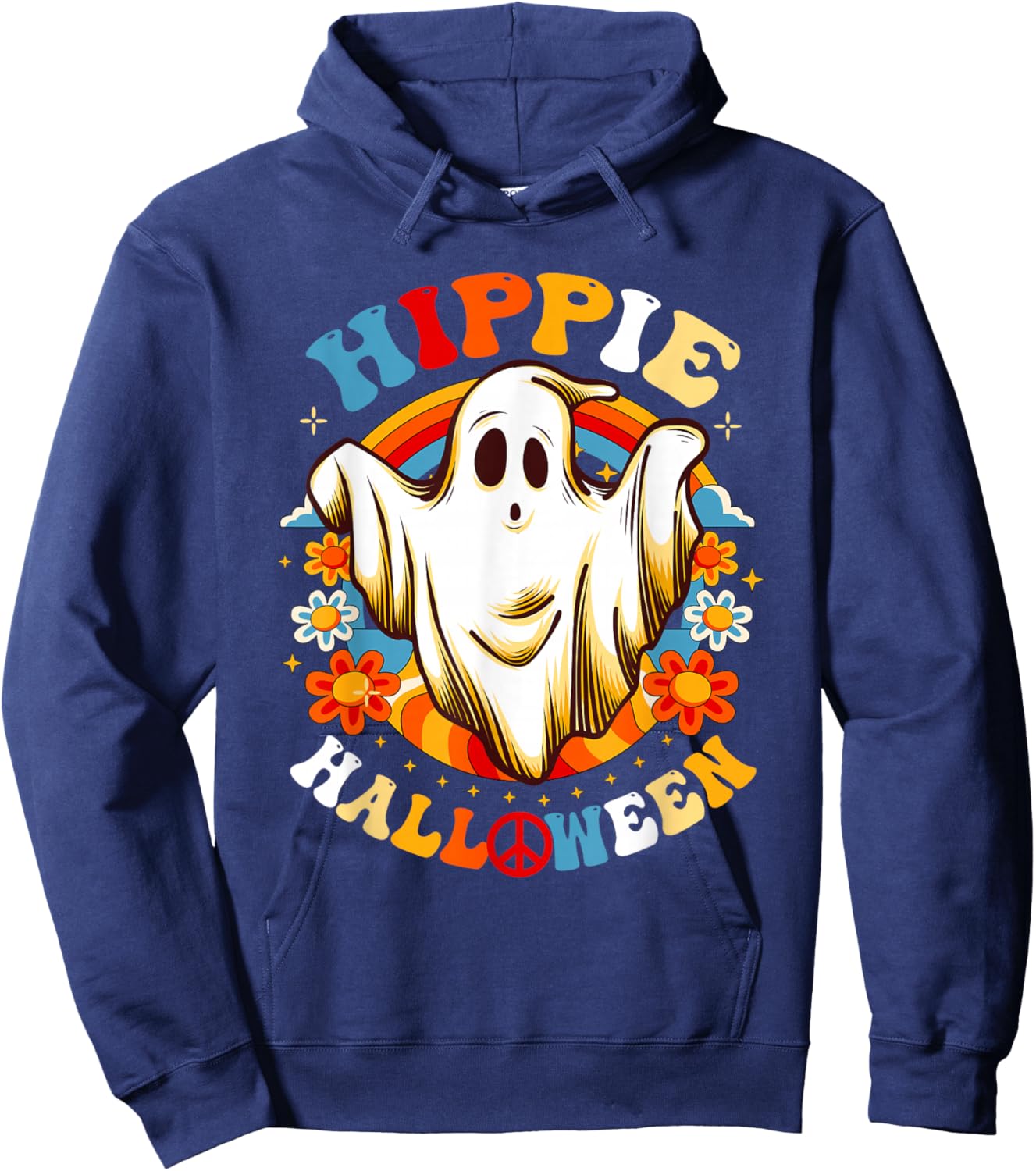 Retro Groovy Peace Hippie Halloween Vintage Floral Ghost Hoodie - Hoodie | Navy