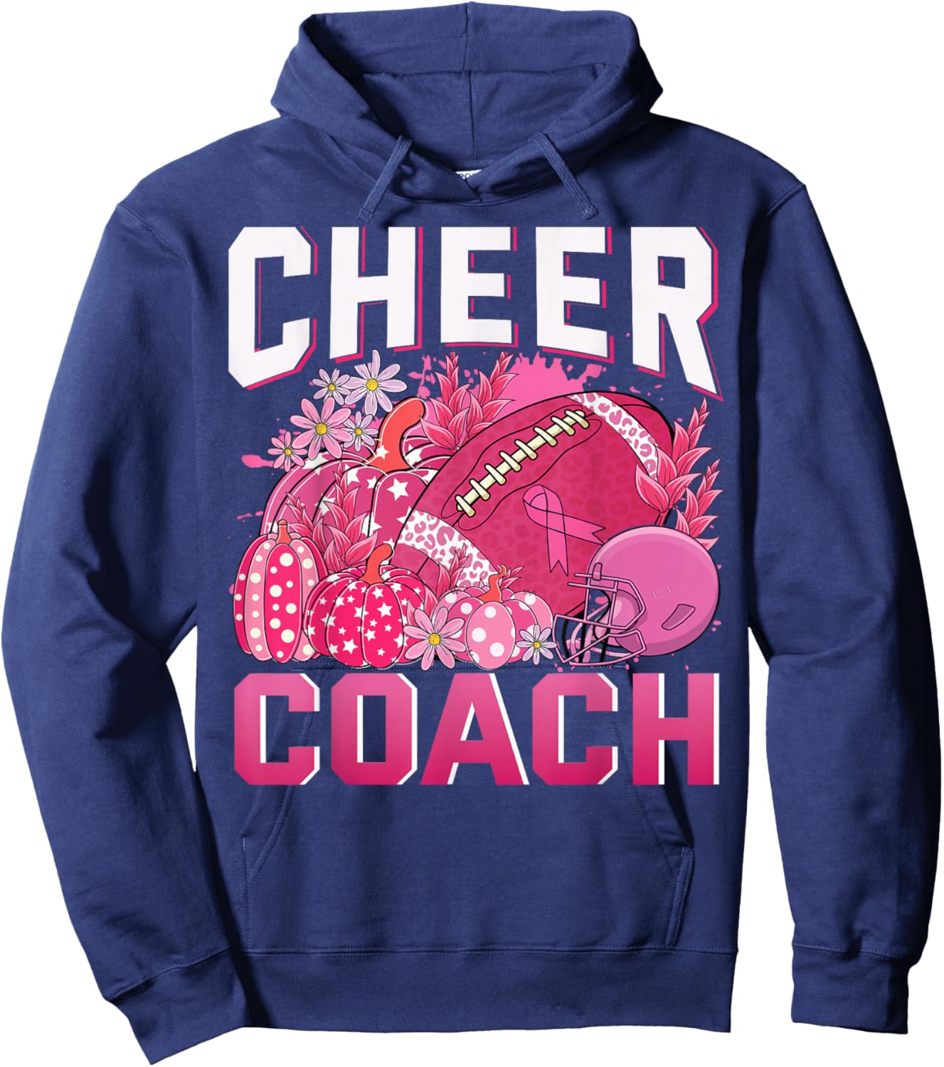 Cheer Coach Pink Ribbon Football Breast Cancer Awareness Hoodie - Hoodie | Navy