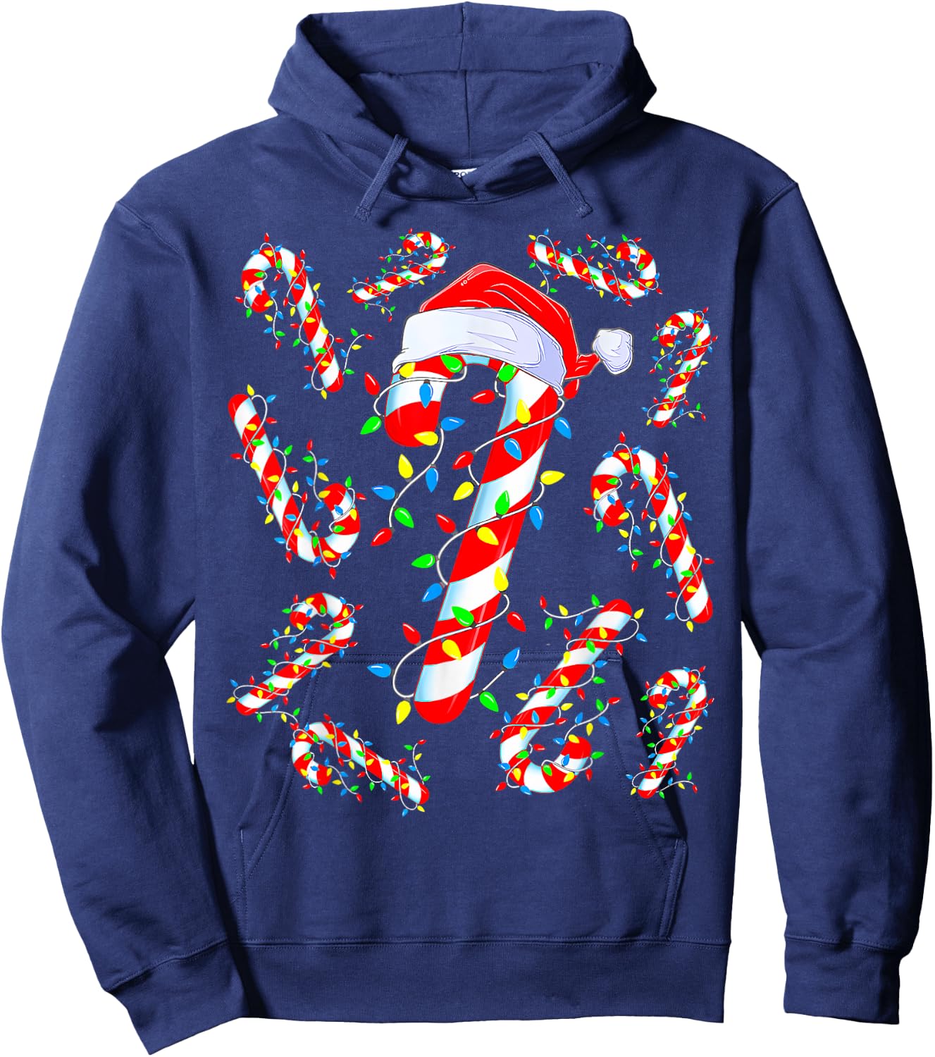 Red And White Candy Cane Santa Christmas Funny Xmas Lights Hoodie - Hoodie | Navy